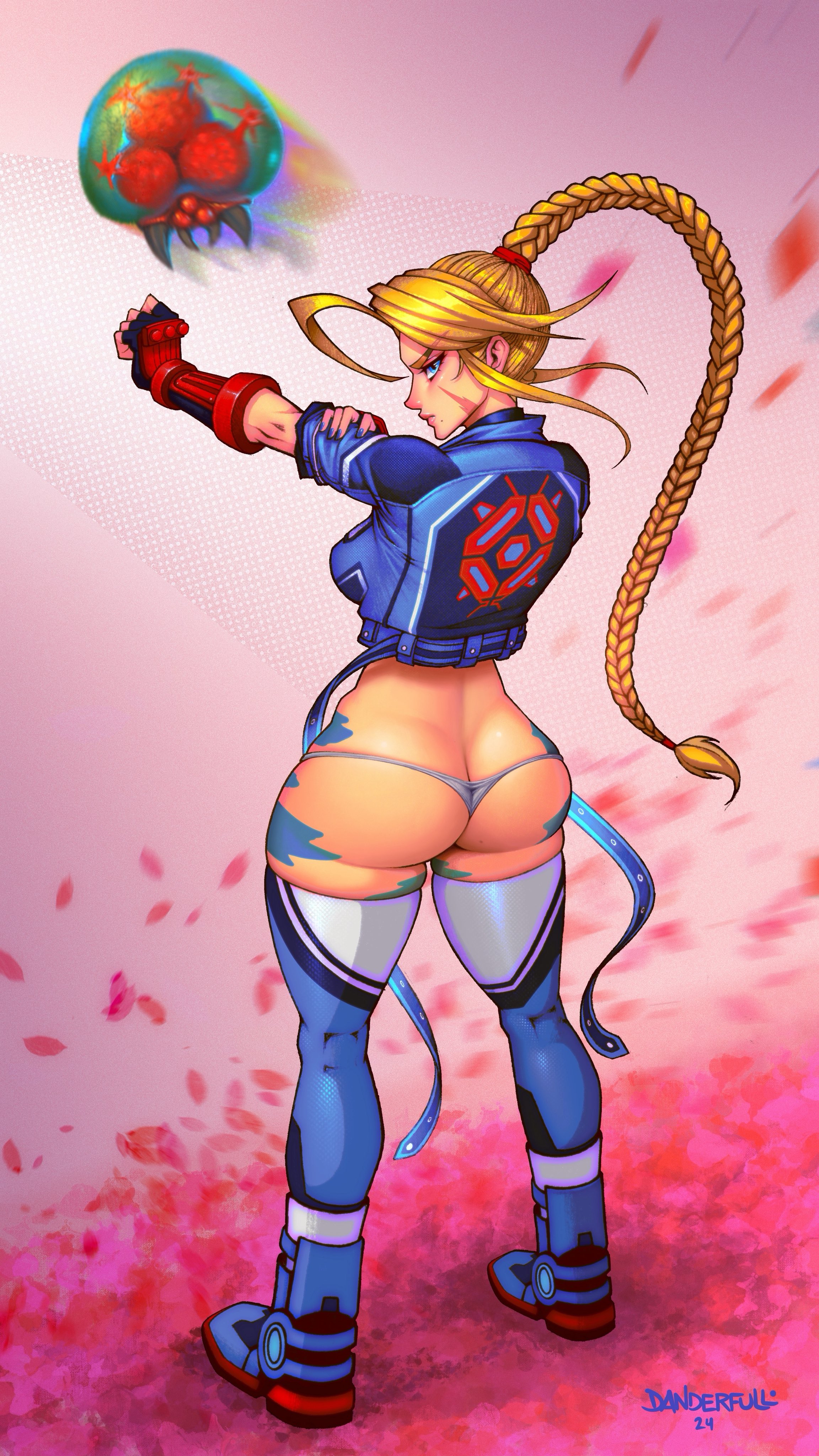 1girls, ass, blonde hair, boots, butt crack, cammy white, capcom, cosplay, crossover, danderfull, female, fusion, long ponytail, metroid, metroid (creature), nintendo, ponytail, samus aran, standing, street fighter, zero suit, zero suit samus