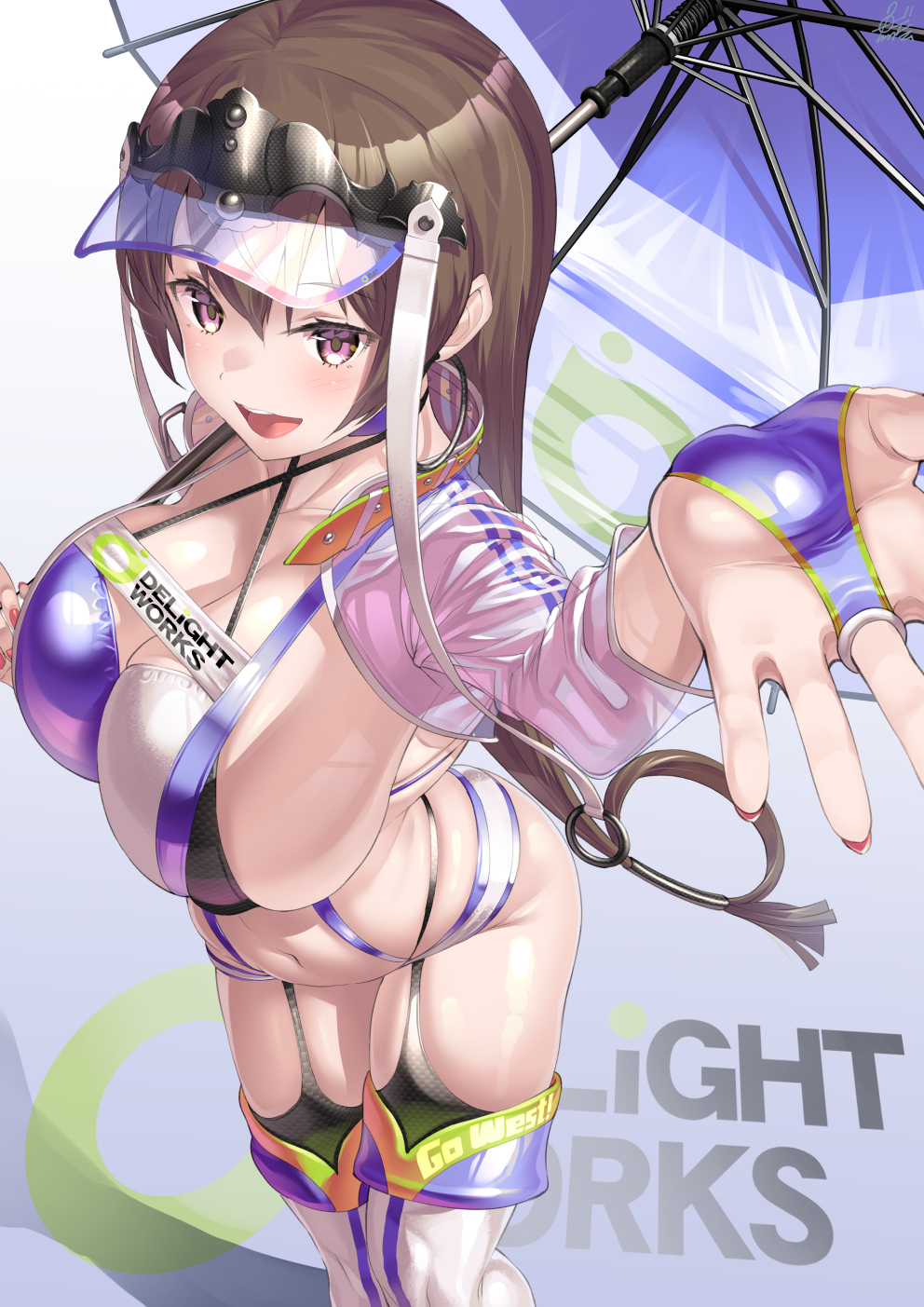 1girls 2022 blush breasts brown_hair cleavage company_logo fate/grand_order fate_(series) female female_only hips holding_object huge_breasts long_hair looking_at_viewer purple_eyes race_queen revealing_clothes sideboob simple_background skindentation slim_waist smile thick_thighs thighhighs thighs tight_clothing tight_fit umbrella uo_denim visor visor_cap wide_hips xuanzang_(fate)