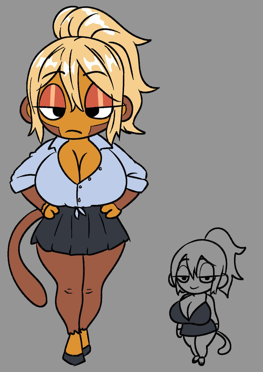 1girls, admiral brickell, anthro, big breasts, bloons tower defense, breasts, busty, busty female, diabeticcat, female, female only, hands on hips, large breasts, monkey, monkey girl, narrowed eyes, ninja kiwi, primate, simple background, skirt, solo, topwear