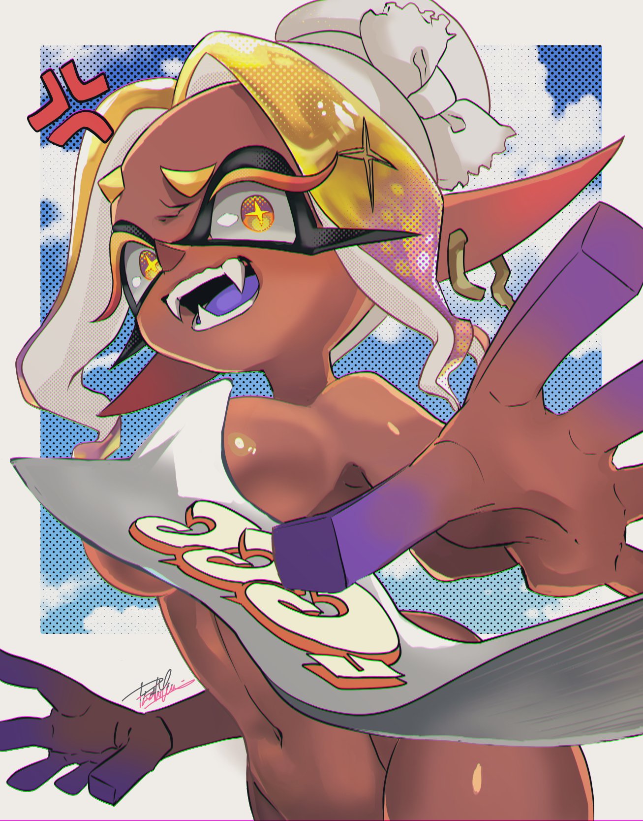 angry, animal humanoid, anthro, big breasts, breasts, cephalopod, cephalopod humanoid, completely nude, completely nude female, convenient censoring, dark skin, dark-skinned female, deep cut (splatoon), female, frye (splatoon), frye onaga, humanoid, inkling, mask (marking), navel, nintendo, nude, pointy ears, pseudo hair, splatoon, splatoon (series), splatoon 3, splatoon raiders, squid, tentacle, tentacle hair, towel only, yellow eyes, yellow hair, zeicomi100yen
