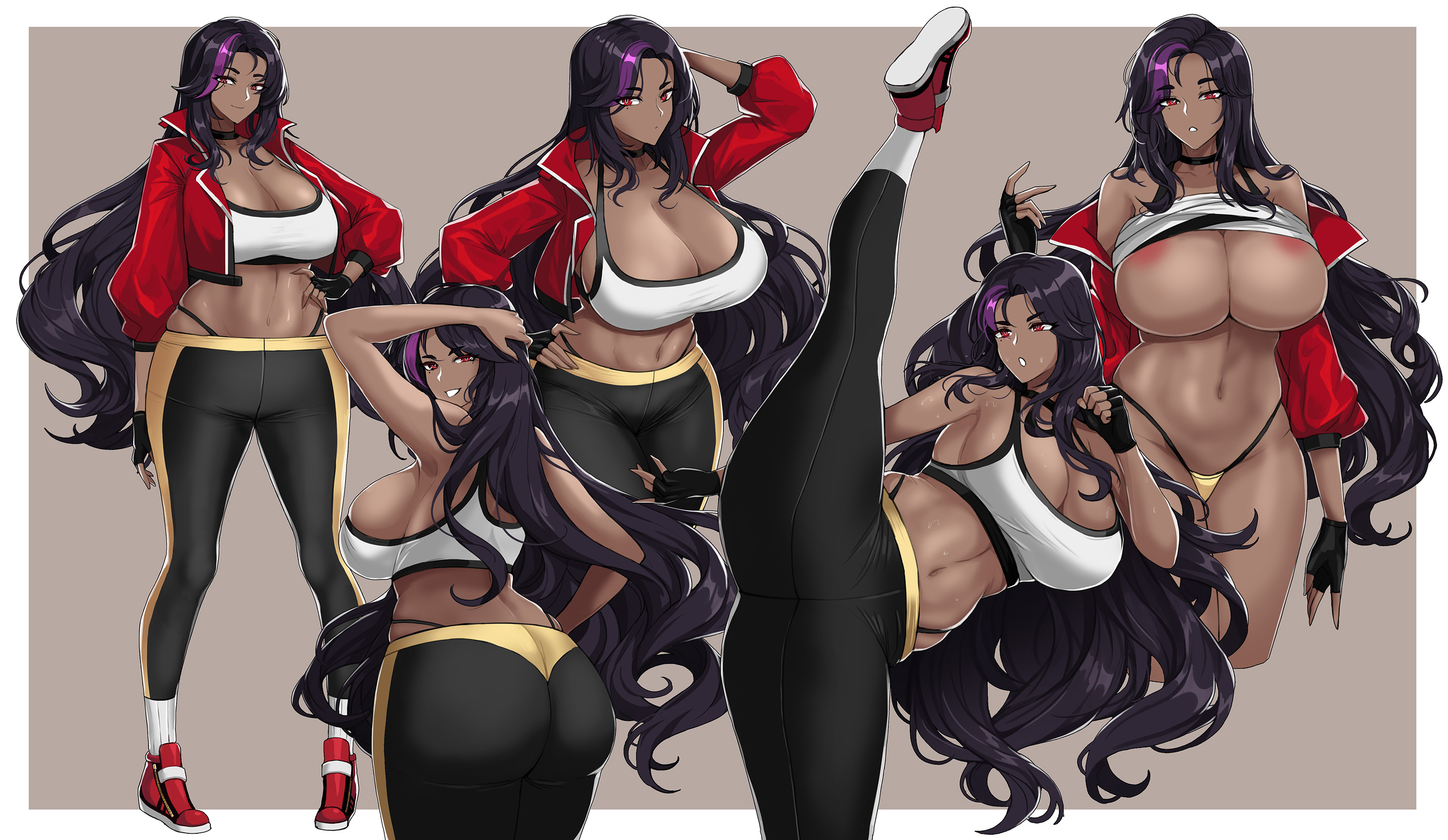 1girls, areolae slip, ass, belly button, big ass, big breasts, black hair, breasts, breasts bigger than head, dark skin, dark-skinned female, drogod (artist), female, female only, flexible, gym clothes, huge ass, huge breasts, jacket, long hair, looking at viewer, midriff, oc, original, original character, pluto (drogod), purple hair, red eyes, solo, solo female, sports bra, thick thighs, wide hips, yoga pants