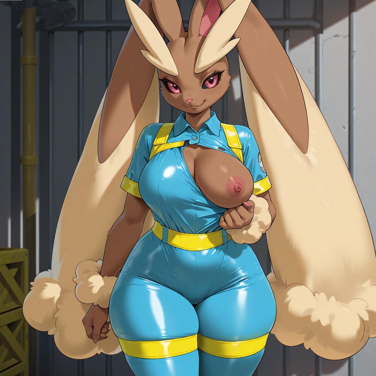 1female, 1pokemon, ai generated, big breasts, black sclera, breasts, brown fur, bunny ears, construction worker, female, flashing, flashing breasts, looking at viewer, lopunny, nameless gooner, nipples, pink eyes, pokemon, pokemon (species), self upload, smile, thick thighs, wide hips