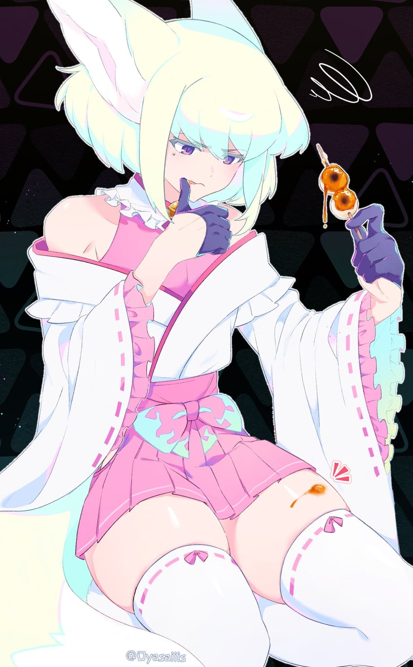 1boy, androgynous, animal ears, bob cut, crossdressing, femboy, lio fotia, male, oyasaiiis, promare, short hair, skirt, solo, stockings, thick thighs, thighhighs, thighs, twink