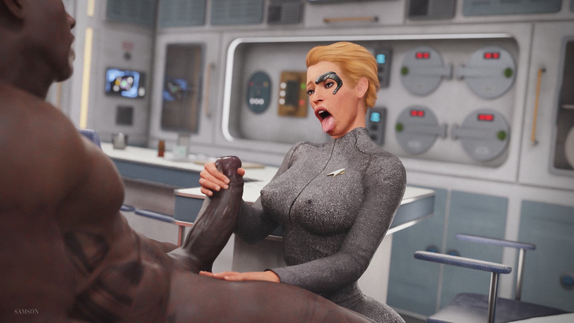 1boy, 1girls, 3d, big breasts, blonde hair, borg (species), breasts, dark-skinned male, erect nipples under clothes, female, handjob, human, interracial, male, oral, saliva trail, samsonsharem, seven of nine, star trek, star trek voyager