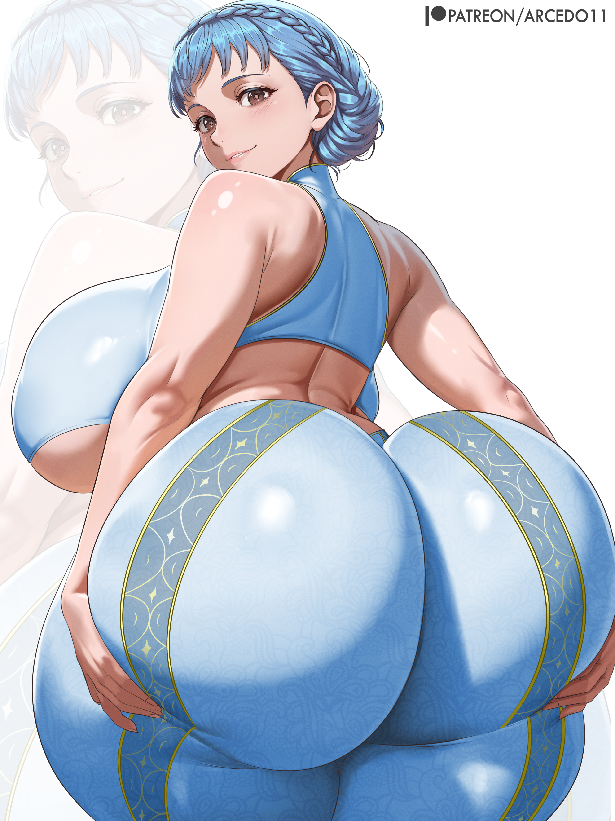 1girls, arcedo, ass, backboob, big ass, big breasts, blue hair, bottom heavy, breasts, bubble butt, busty, clothing, crop top, fat ass, female, female only, fire emblem, fire emblem: three houses, flare pants, forbidden pants, hands on ass, hands on own ass, huge ass, huge breasts, large ass, large breasts, looking at viewer, looking back, marianne von edmund, massive ass, pants, png, solo, thick ass, thick thighs, thunder thighs, underboob, white background, wide hips