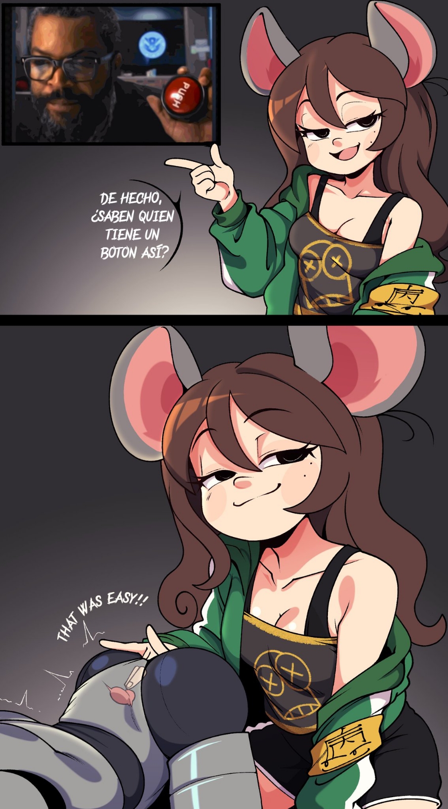 anal fingering, anal object insertion, black shirt, brown hair, colombian female, couple, cukizilla, digital media (artwork), el ultimo tvnauta, female, female on male, green jacket, hispanic youtuber, ice cube (war of the worlds (2025), male, male dominated, male penetrated, meme, meme reference, mexican male, perfectos desconocidos, prostate, prostate stimulation, rat ears, rat girl, robot boy, robot humanoid, sdamhp artist, spanish text, t-shirt, that was easy, war of the worlds, war of the worlds (2025), youtube, youtube hispanic, youtuber