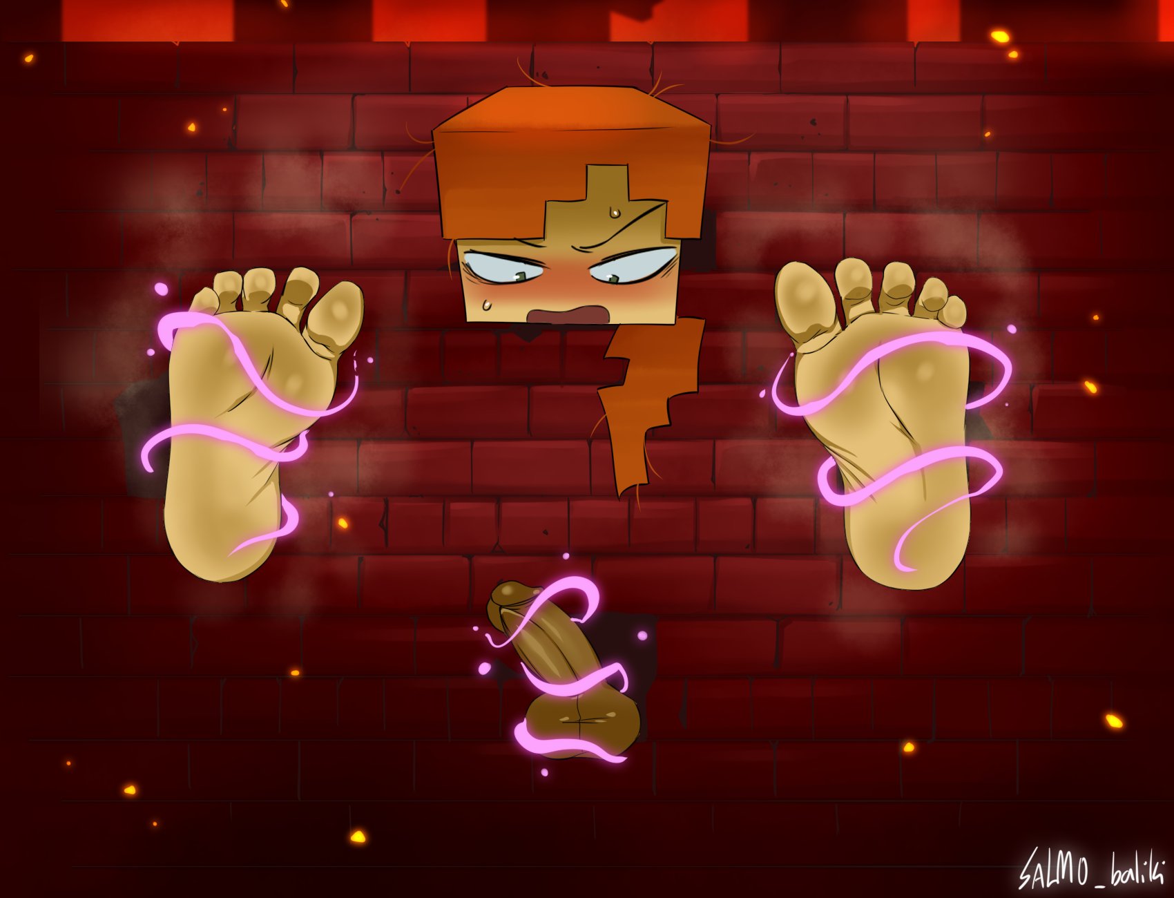 alex (minecraft), barefeet, blush, exposed, exposed penis, femboy, foot fetish, foot focus, free use, genital expansion, genital growth, genital growth (enlargement), hung bottom, imminent expansion, imminent growth, magic, male, minecraft, penis, penis expansion, penis growth, penis growth (enlargement), public use, salmobaliki, spermicidal takeover, stuck, stuck in object, stuck in wall, tagme, urethral, urethral insertion, urethral penetration