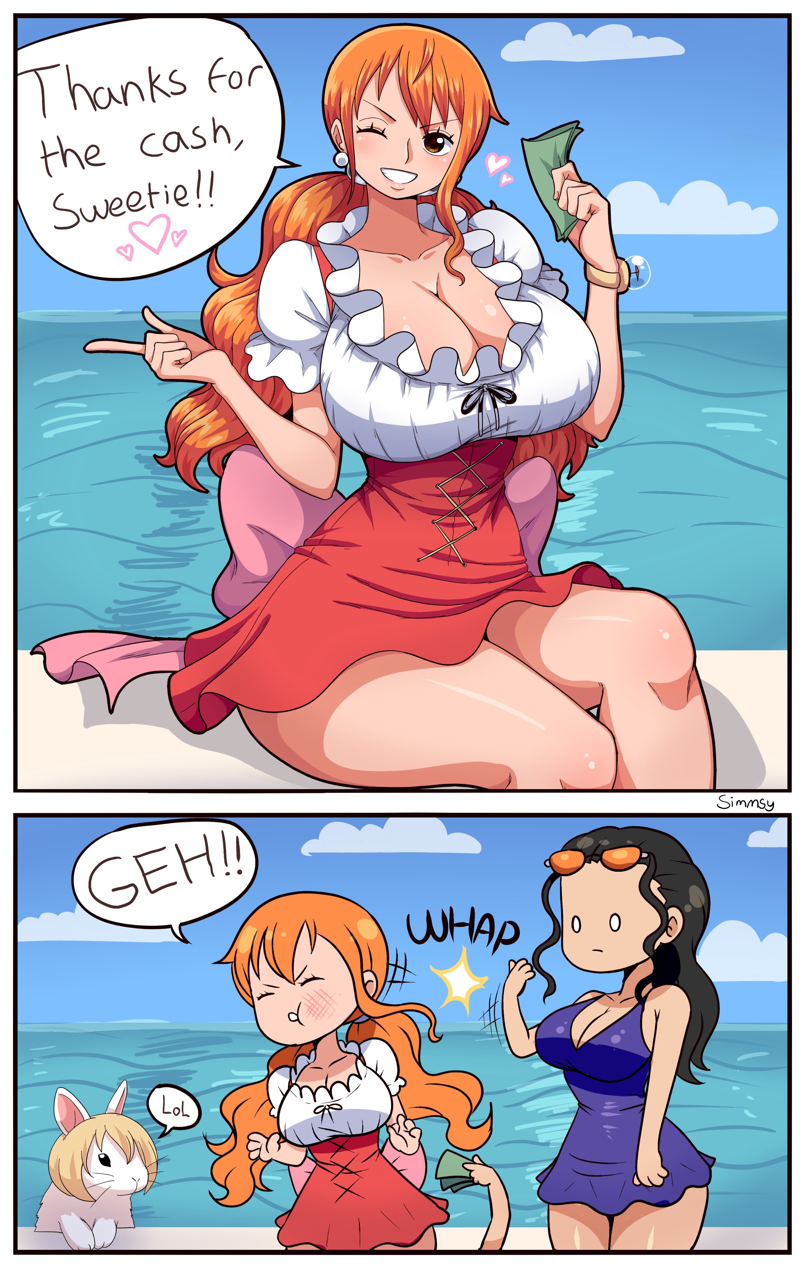 2girls, black hair, black-haired female, breasts, cleavage, eyewear on head, female, female only, huge breasts, multiple females, multiple girls, nami (one piece), nico robin, one piece, orange hair, orange-haired female, post-timeskip, simmsy, speech bubble, sunglasses on head, text, thick thighs, whole cake island
