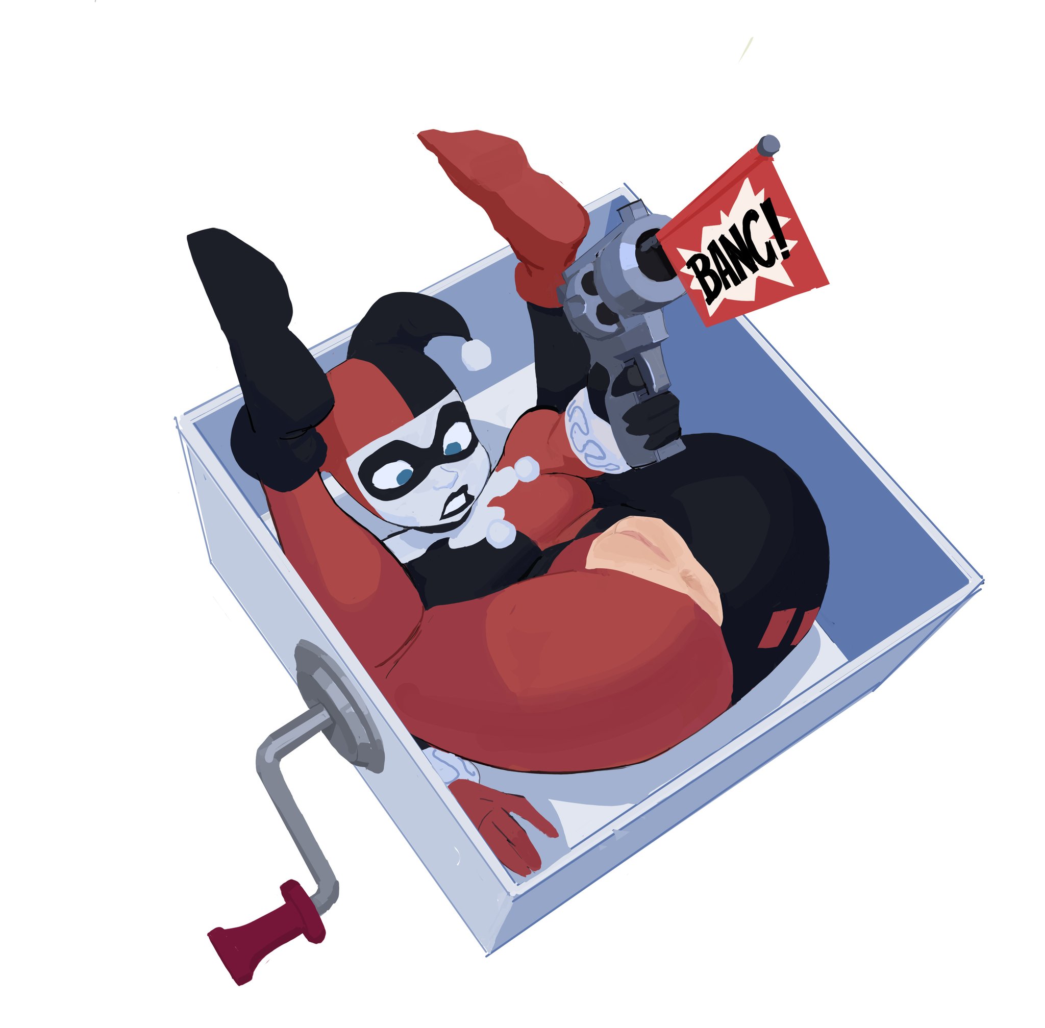 1girls, 2025, 2d, amugea, anus, asshole, bang!, batman (series), batman: the animated series, blue eyes, box, clothing, color, comic character, crotch cutout, dc, dc comics, dcau, exposed anus, exposed genitals, exposed pussy, fake gun, female, female only, firearm, flexible, gun, handgun, harley quinn, harley quinn (classic), human, in container, jack in the box (toy), jack-in-the-box, jerkoff visual assistance, joke gun, looking at genitalia, looking down, on back, pretzel position, prop gun, pussy, pussy exposed, revolver, ripped bodysuit, ripped clothing, ripped pants, solo, solo female, suprised, surprised expression, toy gun, vagina, villain, villainess, warner bros, warner brothers, weapon, white background