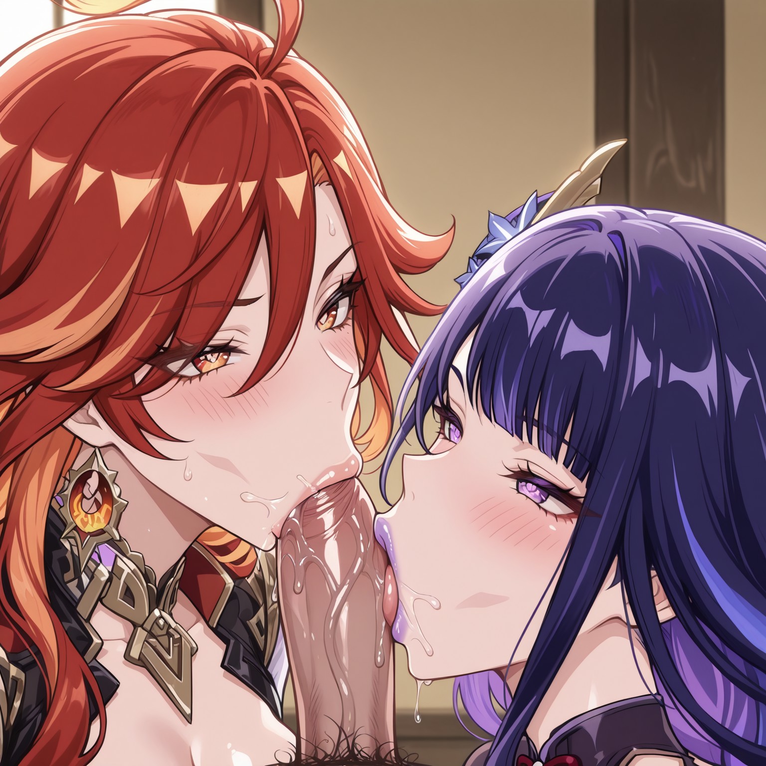 2girls, ai generated, blowjob, cooperative fellatio, double blowjob, double fellatio, fellatio, female, genshin impact, licking penis, lipstick, male, mavuika (genshin impact), penis, raiden shogun, saliva, veiny penis
