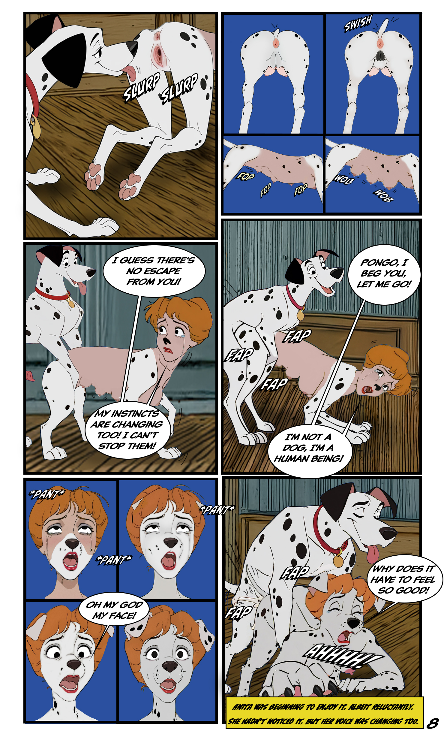 101 dalmatians, anita radcliffe, canine, comic, disney, english, english text, female, pongo, sambaci61, text, text bubble, transformation, transformation through sex, zoophilia