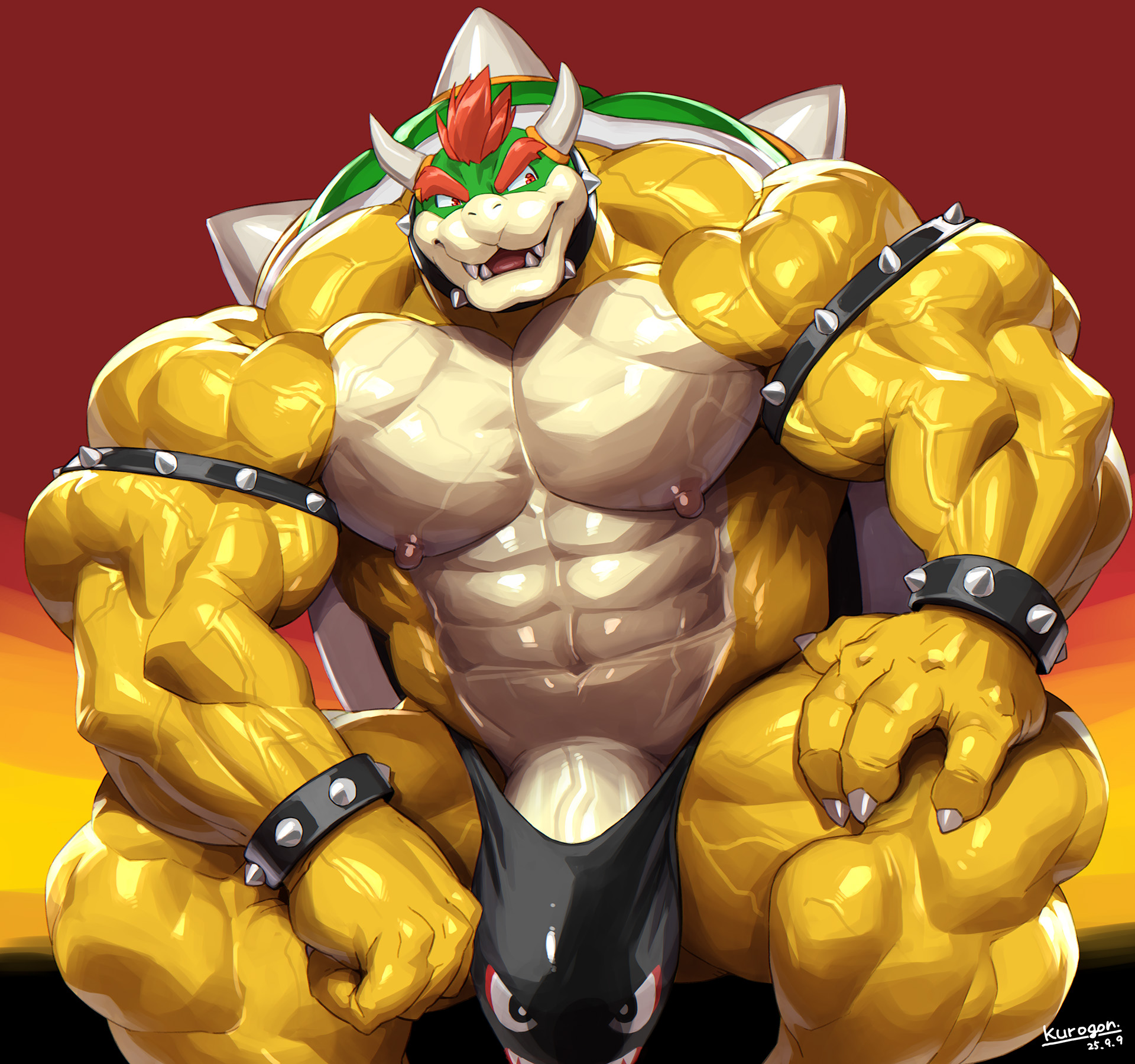 1boy, 1male, 4 fingers, anthro, anthro male, arm bracelets, bara, big bulge, big penis, bodybuilder, bowser, bulge, bullet bill underwear, choker, erect nipples, fangs, hard nipples, kurogonart, looking away, looking away from viewer, male, male anthro, mario (series), massive bulge, muscles, muscular, muscular anthro, muscular male, nintendo, nipples, non-human, orange hair, penis, pink nipples, pointy nipples, red hair, redhead male, shell, sitting, smile, smiling, solo, solo anthro, solo male, spiked bracelet, spiked collar, spiky shell, turtle shell, underwear, underwear only, veiny, veiny penis, visible penis, yaoi, yellow body