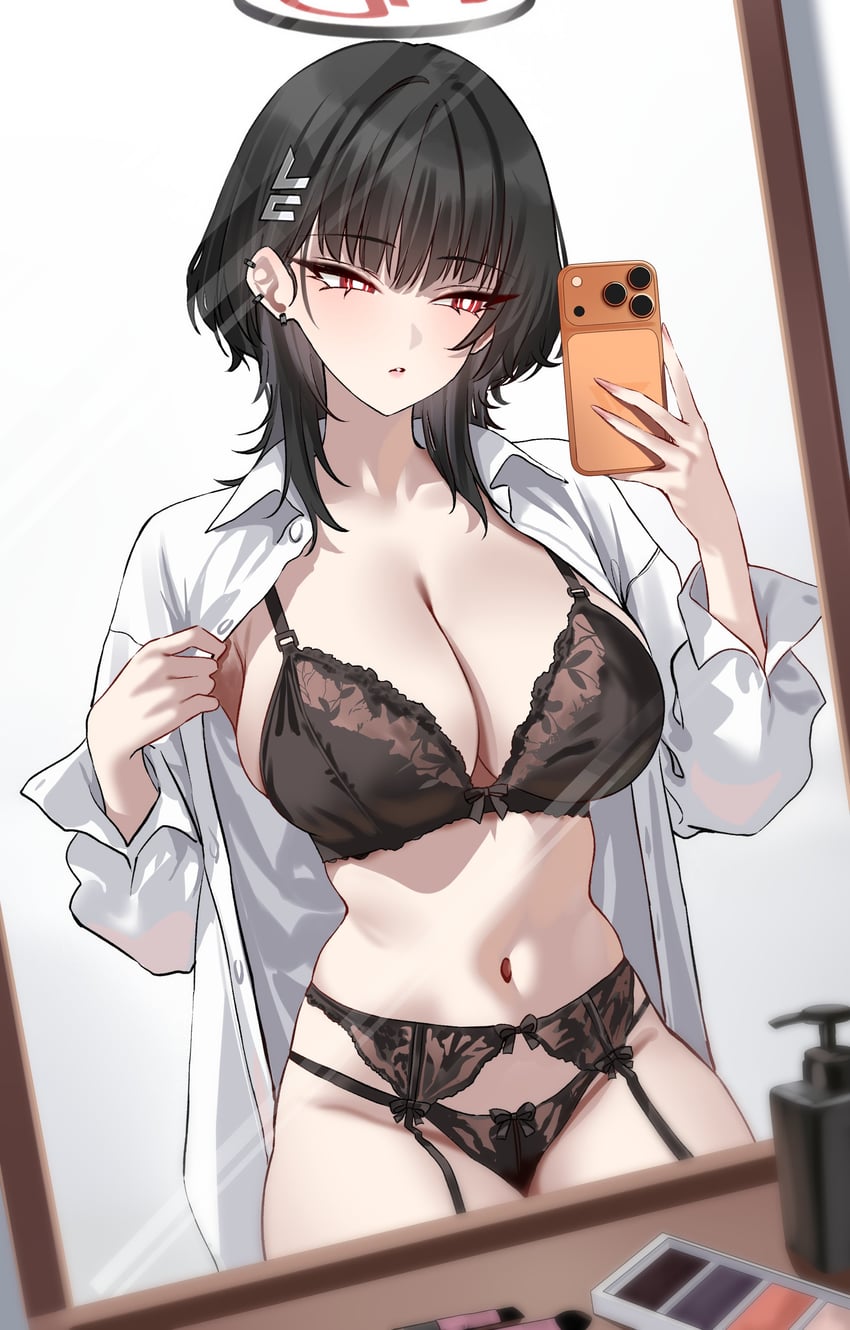 1girls, absurdres, armpits, black bra, black garter belt, black hair, black halo, black panties, blue archive, bow, bow bra, bow garter belt, bow panties, bra, breasts, buttons, container, dress shirt, ear piercing, female, fingernails, garter belt, garter straps, hair ornament, hairclip, halo, highres, iphone 17 pro, lace trim, lace-trimmed bra, large breasts, lingerie, long fingernails, long sleeves, looking at phone, makeup, mirror, narrow waist, navel, open clothes, oversized clothes, panties, phone, piercing, red eyes, ribbon trim, ribbon-trimmed bra, rio (blue archive), shigure s, solo, stomach, taking picture, thighs, underwear, undressing, white shirt, white sleeves, wolf cut