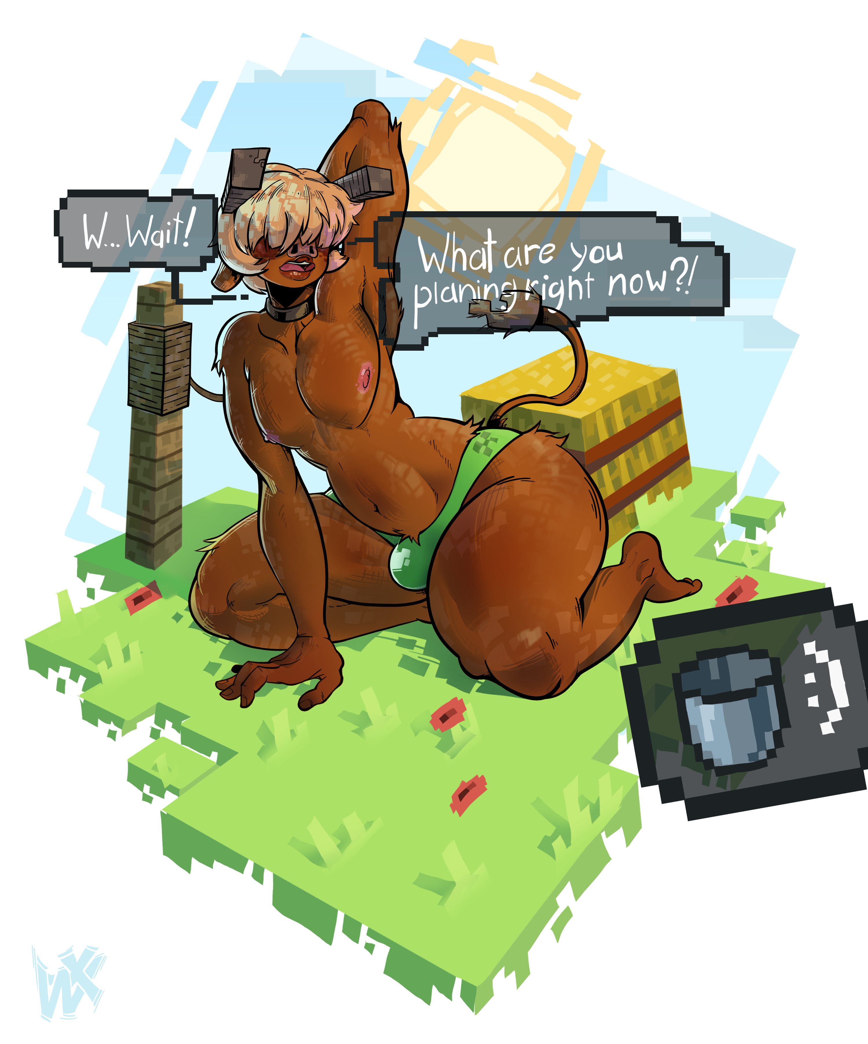 alternate version at source, alternate version available, background, cow (minecraft), english text, eyes covered, femboy, femboy only, horns, humanized, humanoid, lipstick, male, minecraft, text, text box, thong, wirelixe