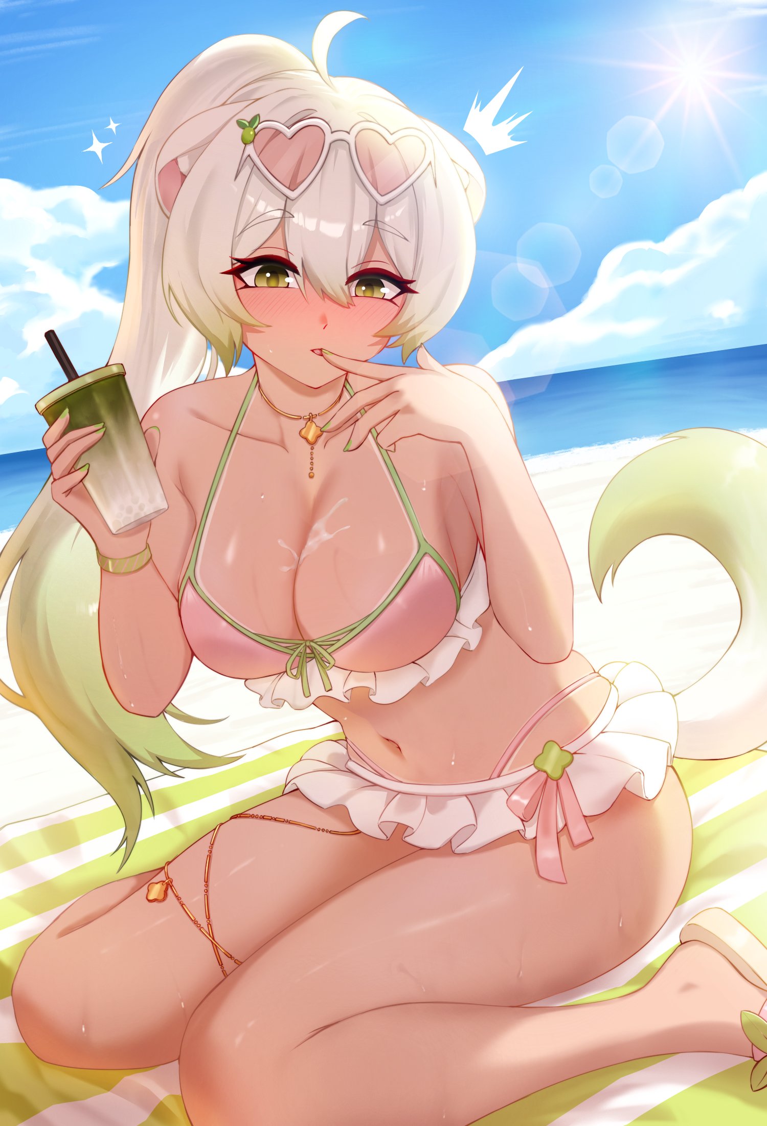 1girls, animal ears, ass, beach, bikini, boba tea, breasts, cgator, cleavage, cum on breasts, female, female only, ferret girl, finger in mouth, green eyes, green hair, indie virtual youtuber, laimu, laimu (summer), large breasts, lens flare, licking fingers, outdoors, ponytail, sand, sandals, sitting, spilled drink, spilled liquid, sunglasses, sunlight, tail, thighs, two-tone hair, virtual youtuber, vtuber, white hair