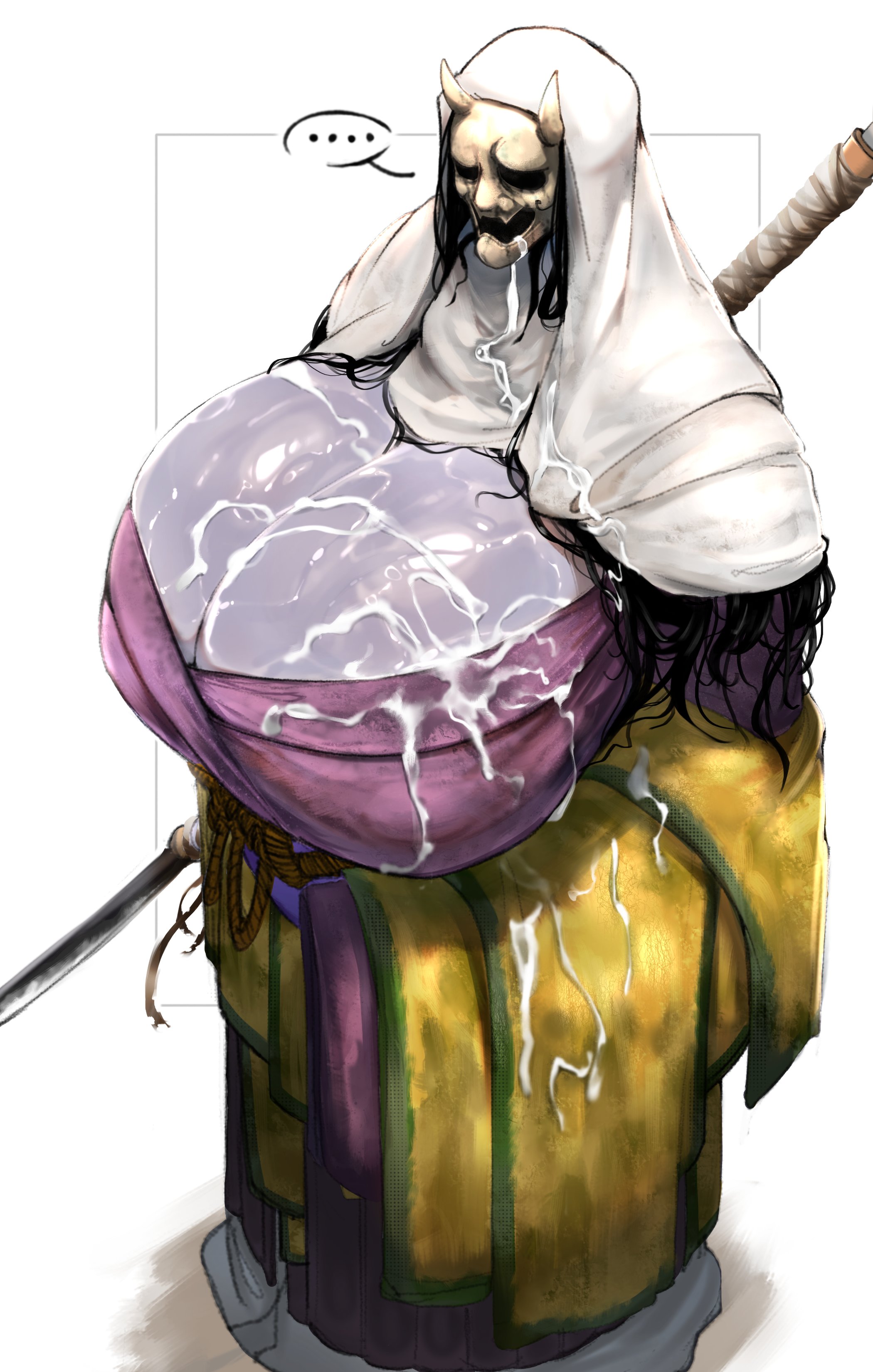1girls, big breasts, breasts, choday, corrupted monk, cum, cum in mouth, cum on breasts, dubious consent, emotionless, female, fromsoftware, ghost girl, grey body, grey skin, hannya, long hair, mask, messy hair, monster girl, oni horns, questionable consent, sekiro: shadows die twice, solo, tagme, youkai