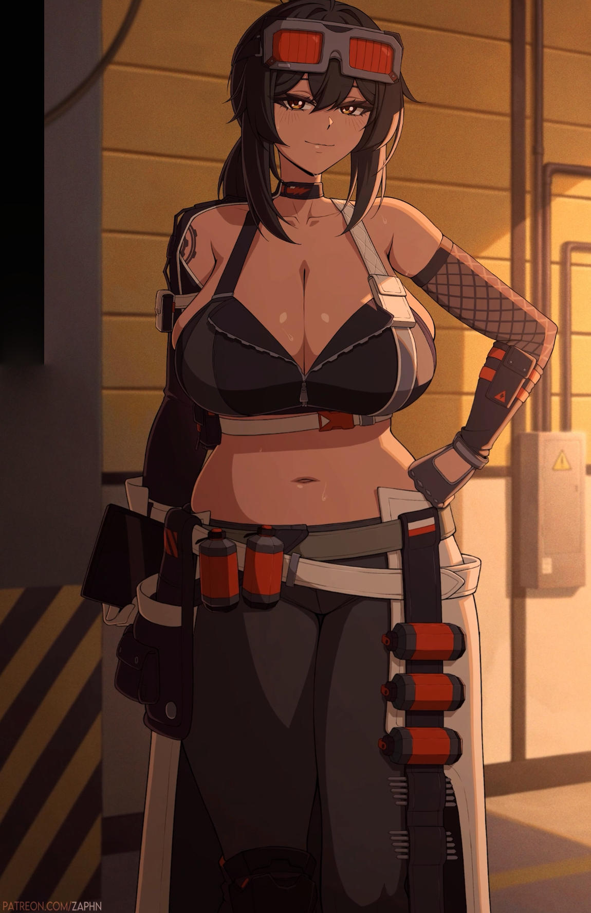 1girls, black hair, breasts, clothing, female, grace howard, hips, huge breasts, large breasts, looking at viewer, navel, screencap, stitched, sweat, text, thick thighs, thighs, topwear, tummy, zaphn, zenless zone zero