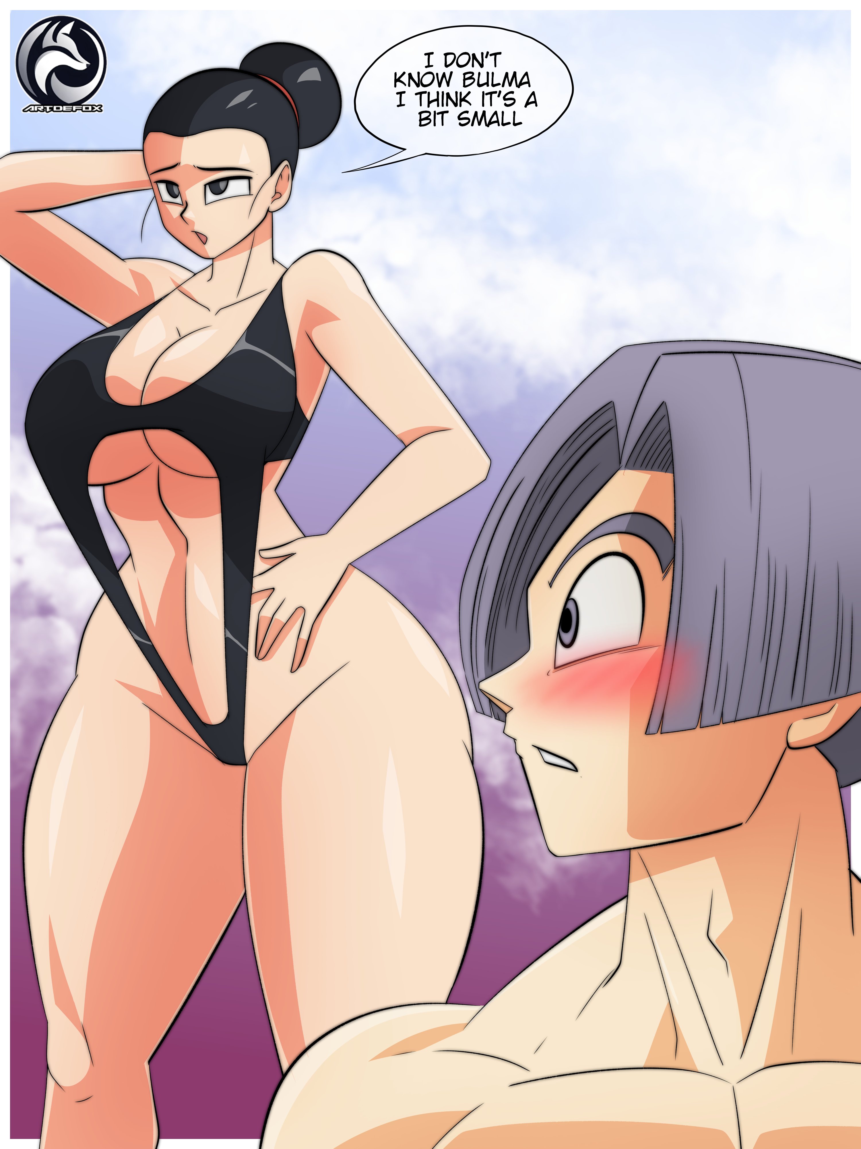 1boy, 1boy1girl, 1female, 1girls, 2d, artdefox, big ass, big breasts, big thighs, chichi, chichi (majin buu saga), dragon ball, female, full color, male, milf, no penetration, solo female, tagme, text, trunks (dragon ball), trunks briefs