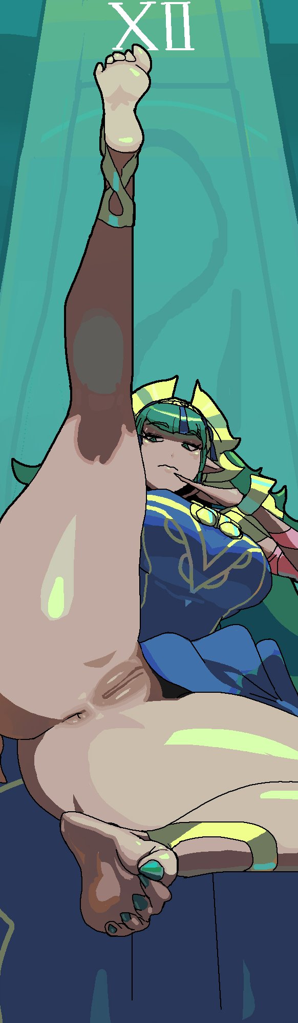 1girls, anus, ass, barefoot, breasts, clenched toes, dolecat, feet, female, female only, fire emblem, fire emblem: fortune's weave, goddess, green hair, huge breasts, large breasts, light skin, light-skinned female, manakete, nintendo, pointy ears, presenting, pussy, soles, solo, sothis (adult) (fire emblem), sothis (fire emblem), spread legs, toe curl, toes, wide hips