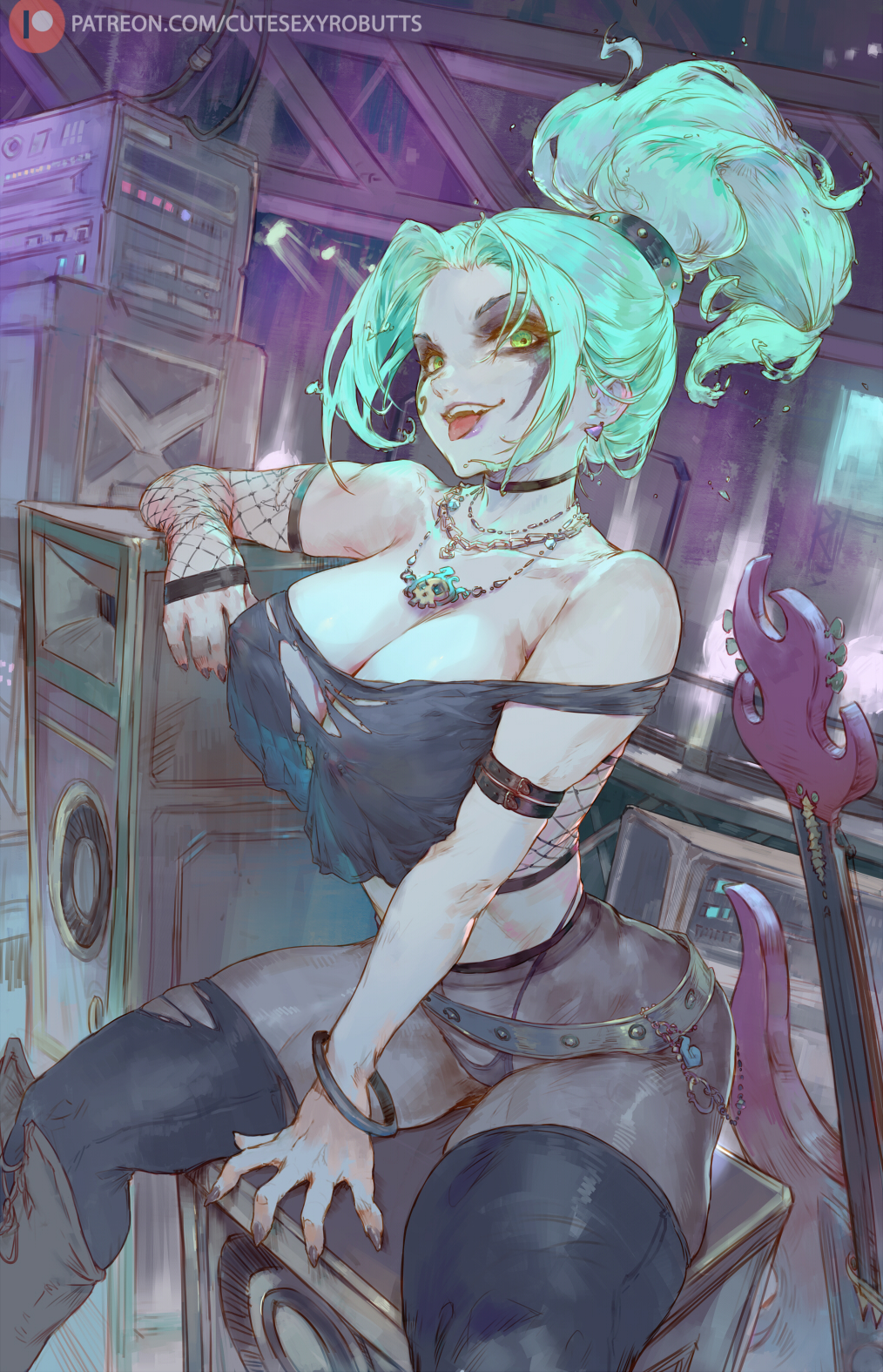 1girls, black thighhighs, boots, breasts, choker, cleavage, covered nipples, crop top, cutesexyrobutts, danny phantom, electric guitar, ember mclain, female, fishnet sleeves, fishnet top, fishnets, goth, goth girl, green eyes, green hair, grey pantyhose, highres, knee boots, large breasts, necklace, nipple barbell, nipple piercings under clothes, nipples visible through clothing, no bra, pale skin, pale-skinned female, panties under pantyhose, pantyhose, pierced nipples, piercing, ponytail, sheer legwear, single detached sleeve, sitting, skindentation, solo, speaker, speakers, strap slip, thick thighs, thighhighs over pantyhose, torn clothes, torn thighhighs