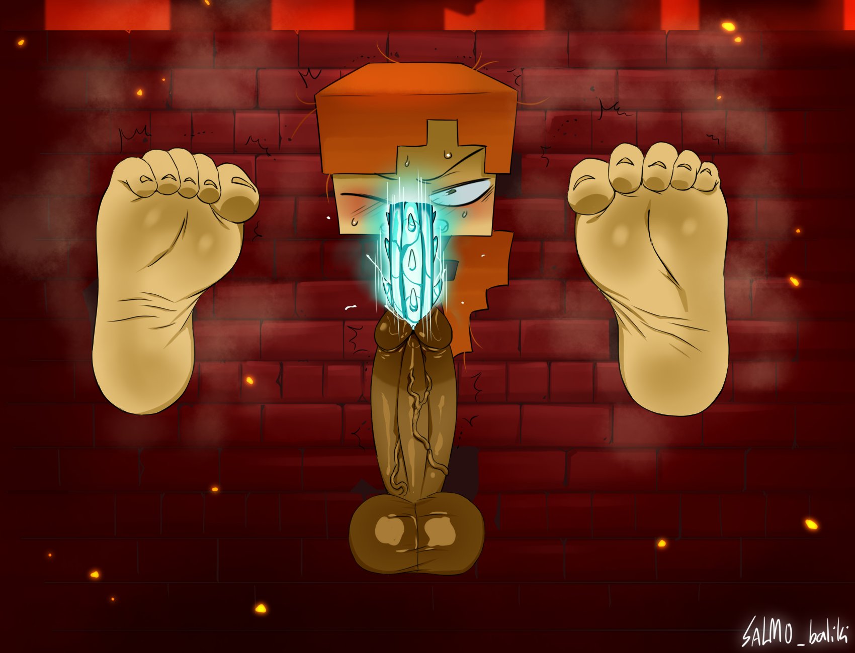 alex (minecraft), barbed penis, barefeet, blush, docking, exposed, exposed penis, femboy, foot fetish, foot focus, free use, hung bottom, male, minecraft, offscreen character, penis, public use, salmobaliki, spermicidal takeover, stuck, stuck in object, stuck in wall, tagme, urethral, urethral insertion, urethral penetration