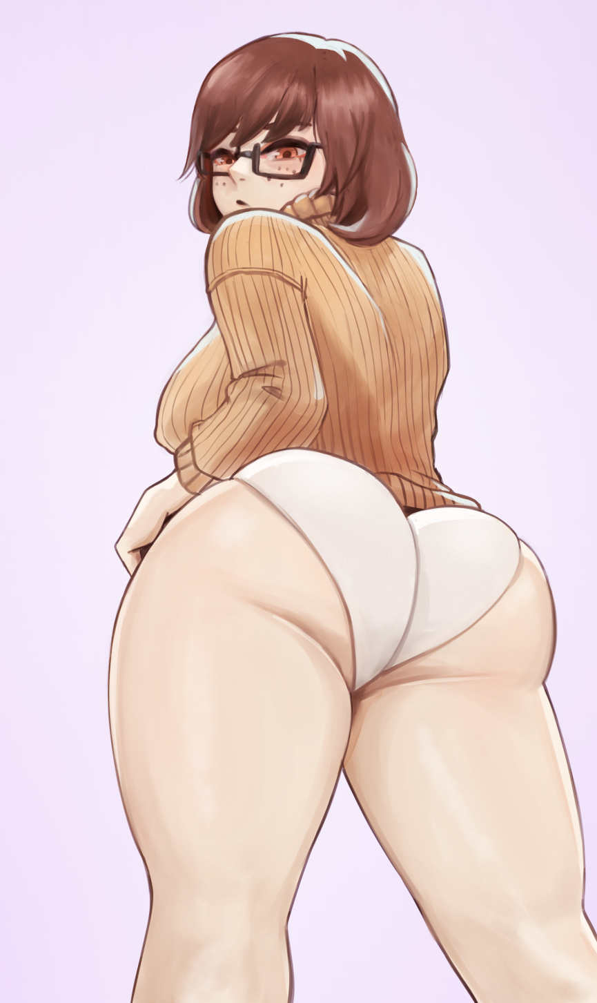 1girls, ass, back view, big ass, big breasts, breasts, brown hair, female, female only, freckles, glasses, hanna-barbera, large ass, looking at viewer, looking back, looking down, panties, round ass, scooby-doo, solo, spageta, velma dinkley