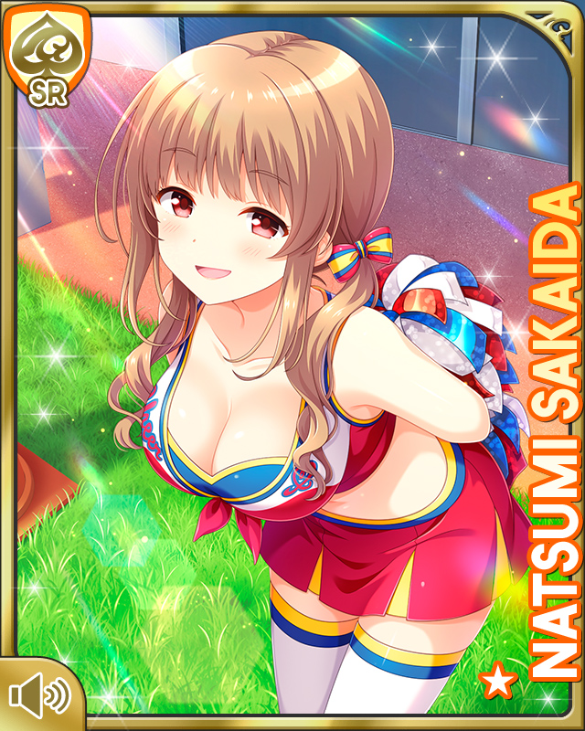 :d arms_behind_back bow breasts brown_hair card_(medium) cheerleader collarbone day female girlfriend_(kari) hairbow large_breasts long_hair midriff navel official_art open_mouth outdoors pom_pom_(cheerleading) qp:flapper red_bow red_eyes red_shirt red_skirt sakaida_natsumi shirt shoes skirt smile solo stadium standing tagme thighhighs tied_shirt white_legwear