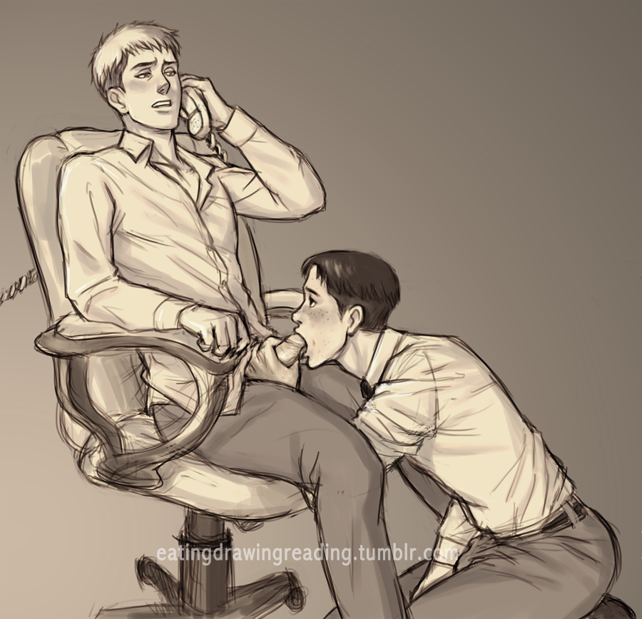 2boys attack_on_titan brunet eatingdrawingreading fellatio freckles gay hand_on_penis in_the_middle jean_kirstein kneeling male_only marco_bodt office office_chair office_uniform on_knees oral phone shingeki_no_kyojin sitting talking_on_phone workplace