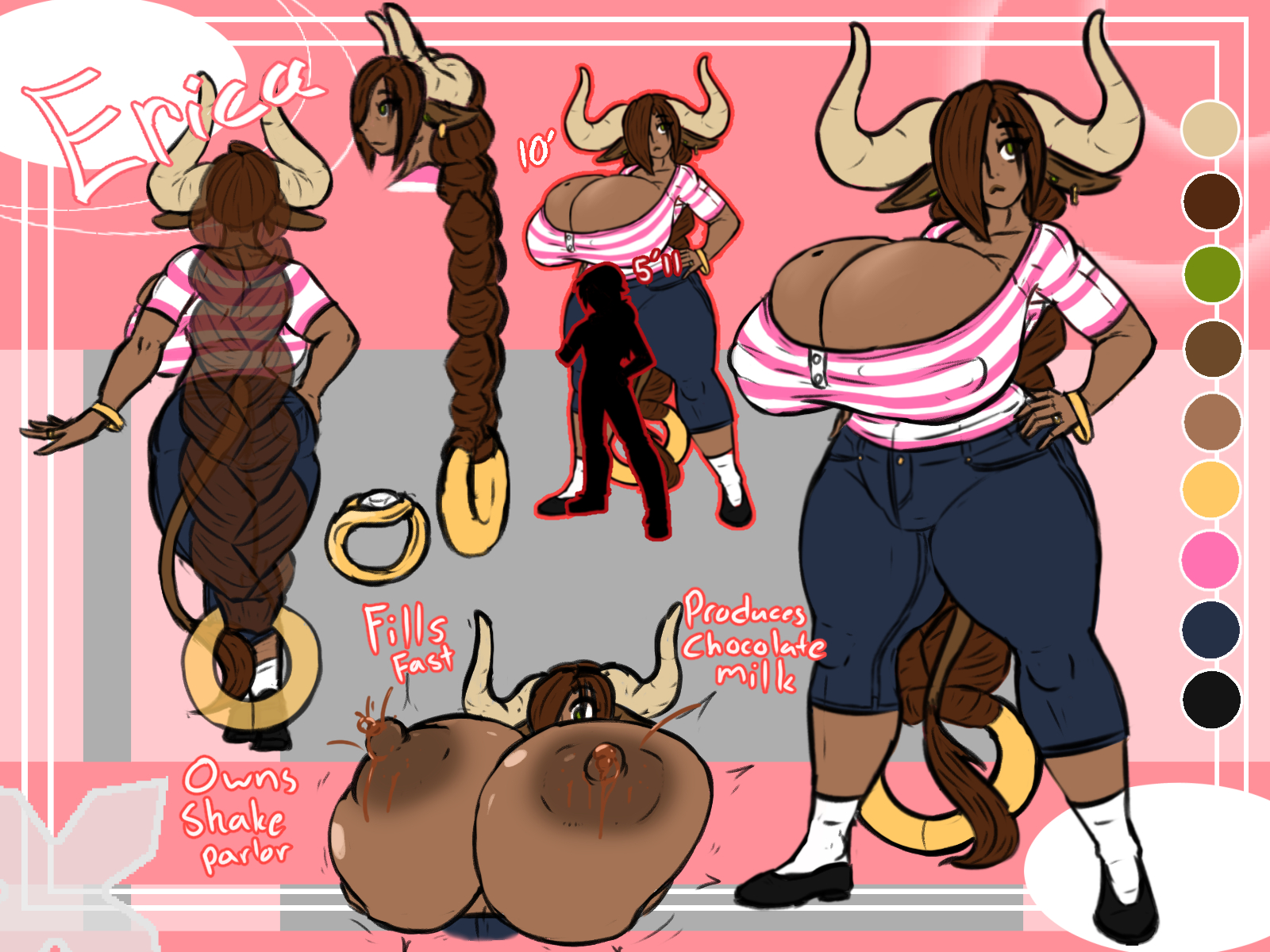 braided hair, breast expansion, breast growth, breast growth (enlargement), breast hold, breasts, character sheet, cow horns, cowgirl, dark skin, dark-skinned female, erica (gokusenpai), female, gigantic breasts, gokusenpai, horns, huge breasts, lactation, long hair, tall, tall female