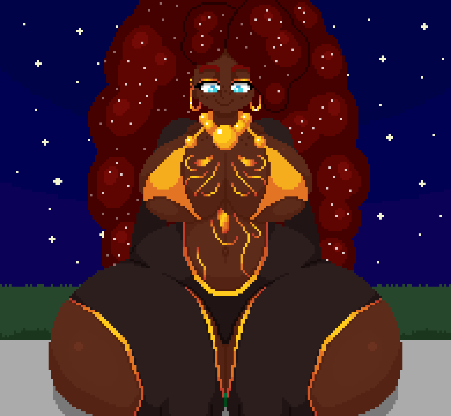 2022, 2d, 2d animation, animated, big breasts, blue eyes, bodily fluids, bra, breasts, breathing, chubby, clothed, clothing, curly hair, dark skin, dark-skinned female, dildo, dildo sitting, earrings, female, female focus, female only, freckles, horsecock dildo, long hair, male, mostly clothed, necklace, night, night sky, original character, original characters, outdoors, outside, penis, pixel animation, pixel art, red hair, redhead, sitting, sitting on dildo, sitting on penis, solo, solo female, solo focus, spinneborg, standing up, stars, swasbi (artist), swasbi (character), tattoo, tattoos, thick thighs, walking, wide hips