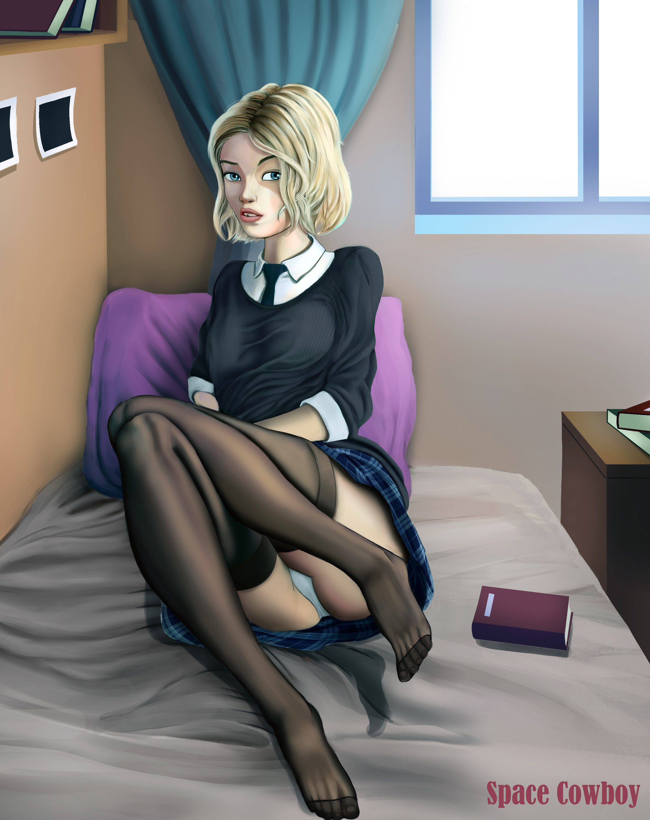 1girls, blonde hair, dressed, eyebrow piercing, female, female focus, female only, gwen stacy, looking at viewer, marvel, marvel comics, panties, sitting, skinny, skirt, solo, space cowboy, spider-man (series), spider-man: into the spider-verse, white panties