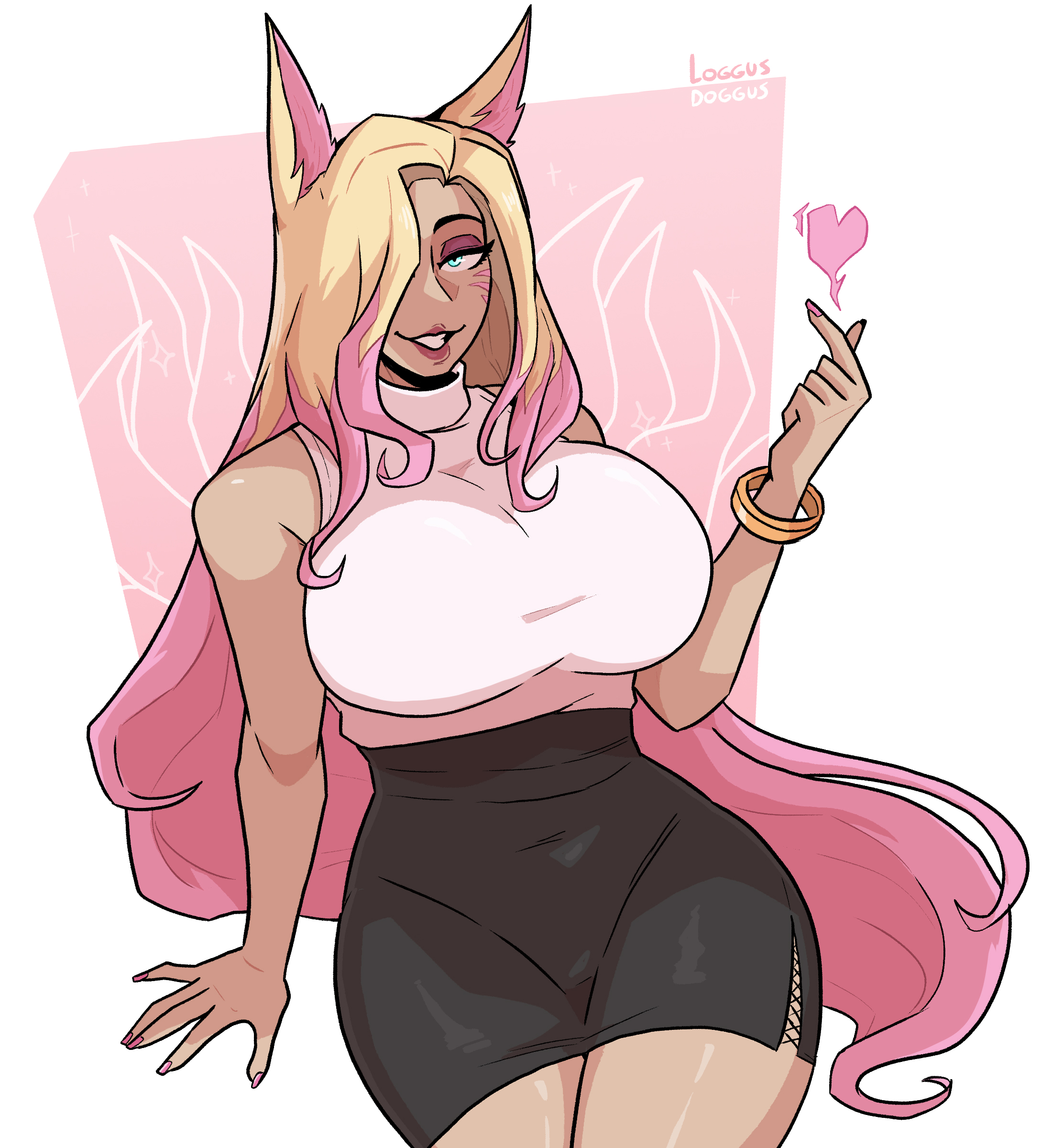 ahri, blonde hair, breasts, female, fox ears, glowing eyes, heart, k/da ahri, k/da all out ahri, k/da all out series, k/da series, kitsune, large breasts, league of legends, loggus doggus, mature female, one eye covered, pencil skirt, simple background, sweater, voluptuous, voluptuous female, wide hips