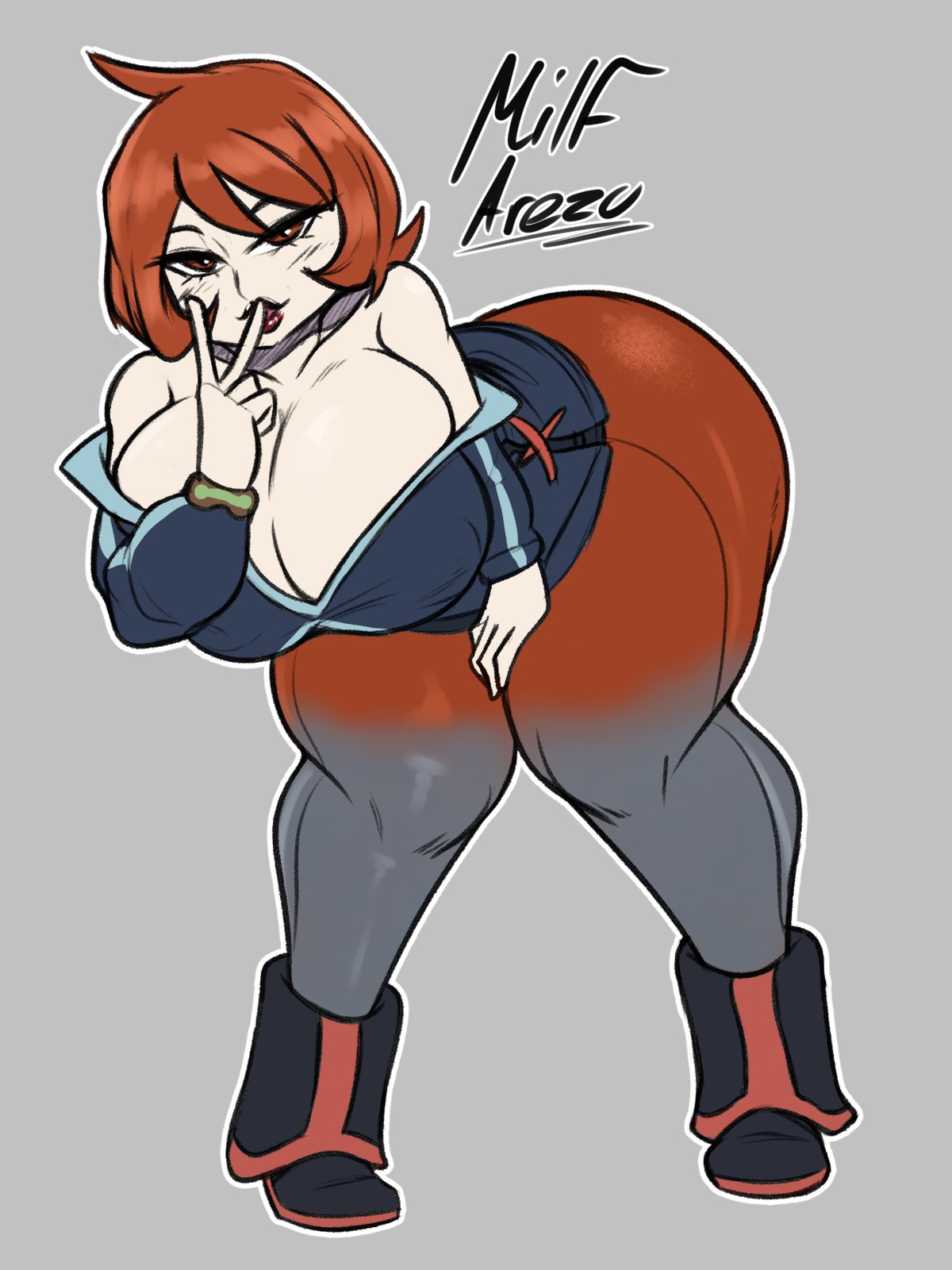 alternate breast size, arezu (pokemon), ass, bent over, big ass, big breasts, big butt, blush, breasts, brown eyes, brown hair, cleavage, clothed, clothing, female, grey background, jyto, large ass, large breasts, looking at viewer, milf, nintendo, nipple bulge, pokemon, pokemon legends: arceus, red hair, short hair, simple background, solo, solo female, v sign