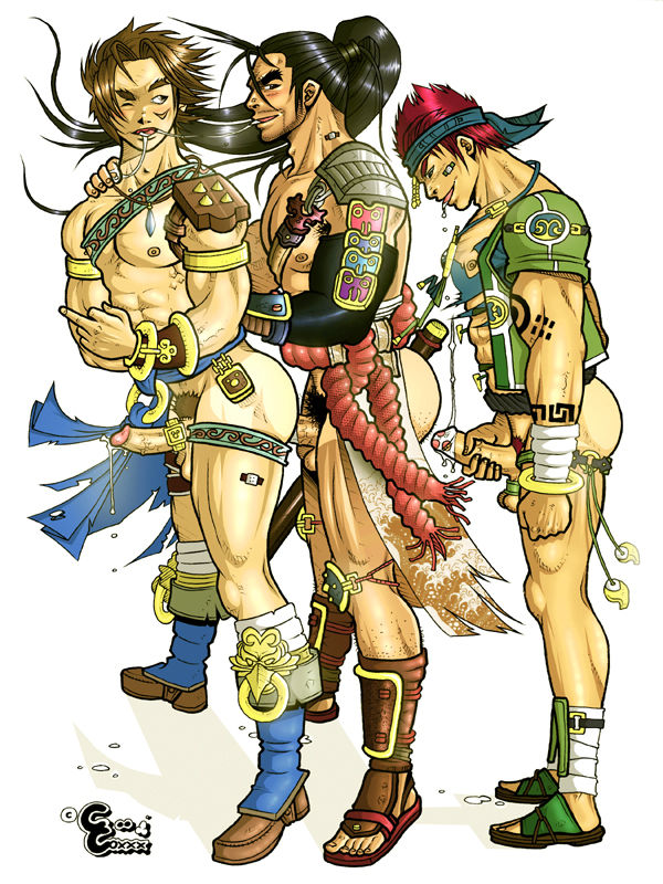 3boys anal anal_sex armpit_hair ass balls bandaid beard black_hair black_pubic_hair bracelet brown_hair brown_pubic_hair cum eoxxx erection gay green_jacket hairy_legs headband heishiro_mitsurugi hong_yun-seong jacket jewelry kilik long_hair long_hair_male male male_only middle_finger muscular muscular_male nipples partially_clothed penis ponytail pubic_hair red_hair red_pubic_hair saliva simple_background soul_calibur tan tanline tattoo veiny_penis video_games white_background yaoi