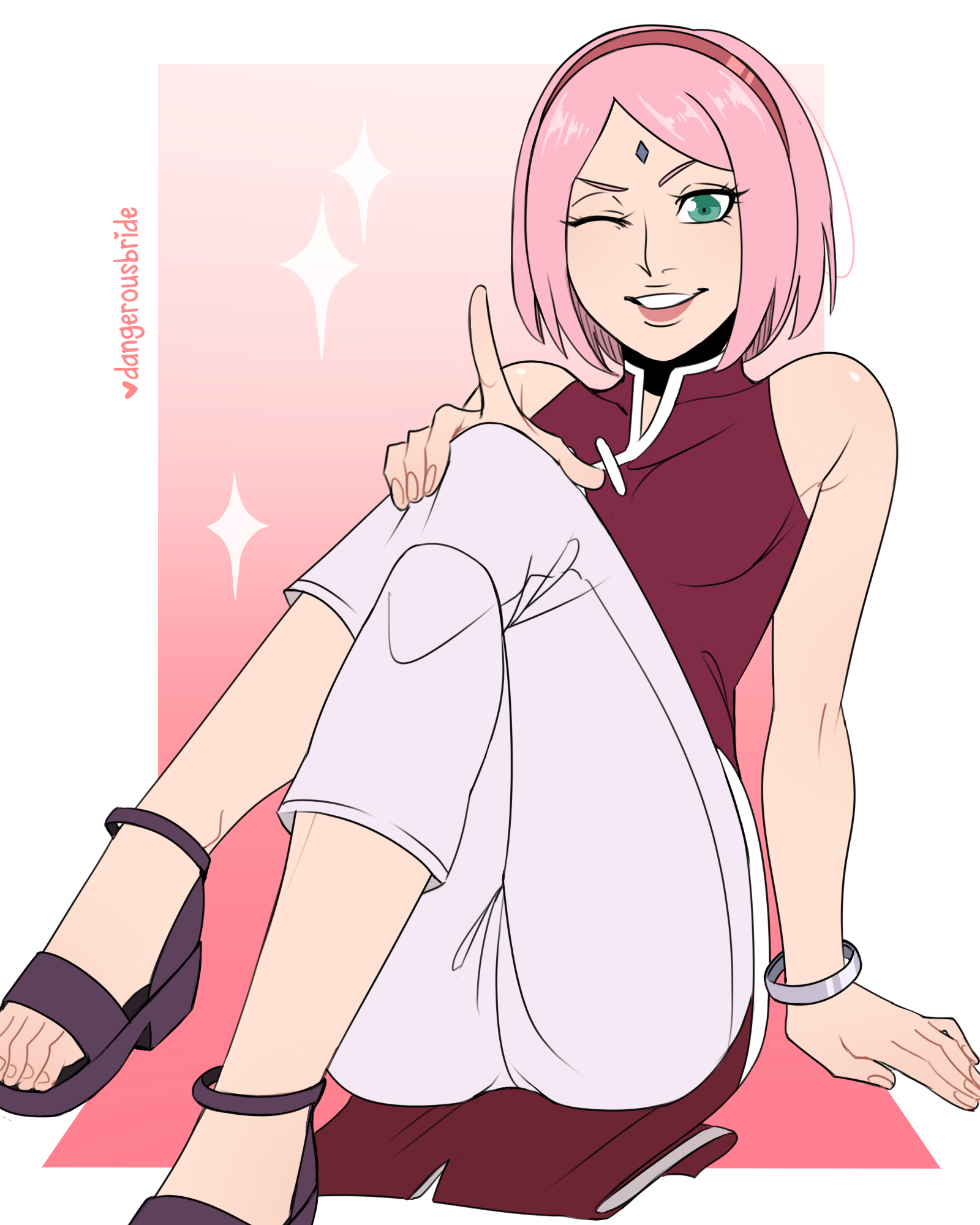 1girls, 2022, 2d, 2d (artwork), arm support, artist name, bob cut, boruto: naruto next generations, bracelet, china dress, chinese clothes, clothed, clothed female, crossed legs, dangerousbride, dress, facial mark, feet, female, female only, forehead mark, fully clothed, green eyes, hair ornament, hairband, heels, light skin, light-skinned female, long hair, long toes, looking at viewer, mature, mature female, milf, naruto, naruto (series), open toe shoes, pants, petite, pink hair, pinup, red dress, sakura haruno, sandals, sfw, shiny, shiny hair, shiny skin, shoes, shoulder length hair, sitting, sleeveless, sleeveless dress, solo, solo female, toes, white border, white pants, wink, winking at viewer