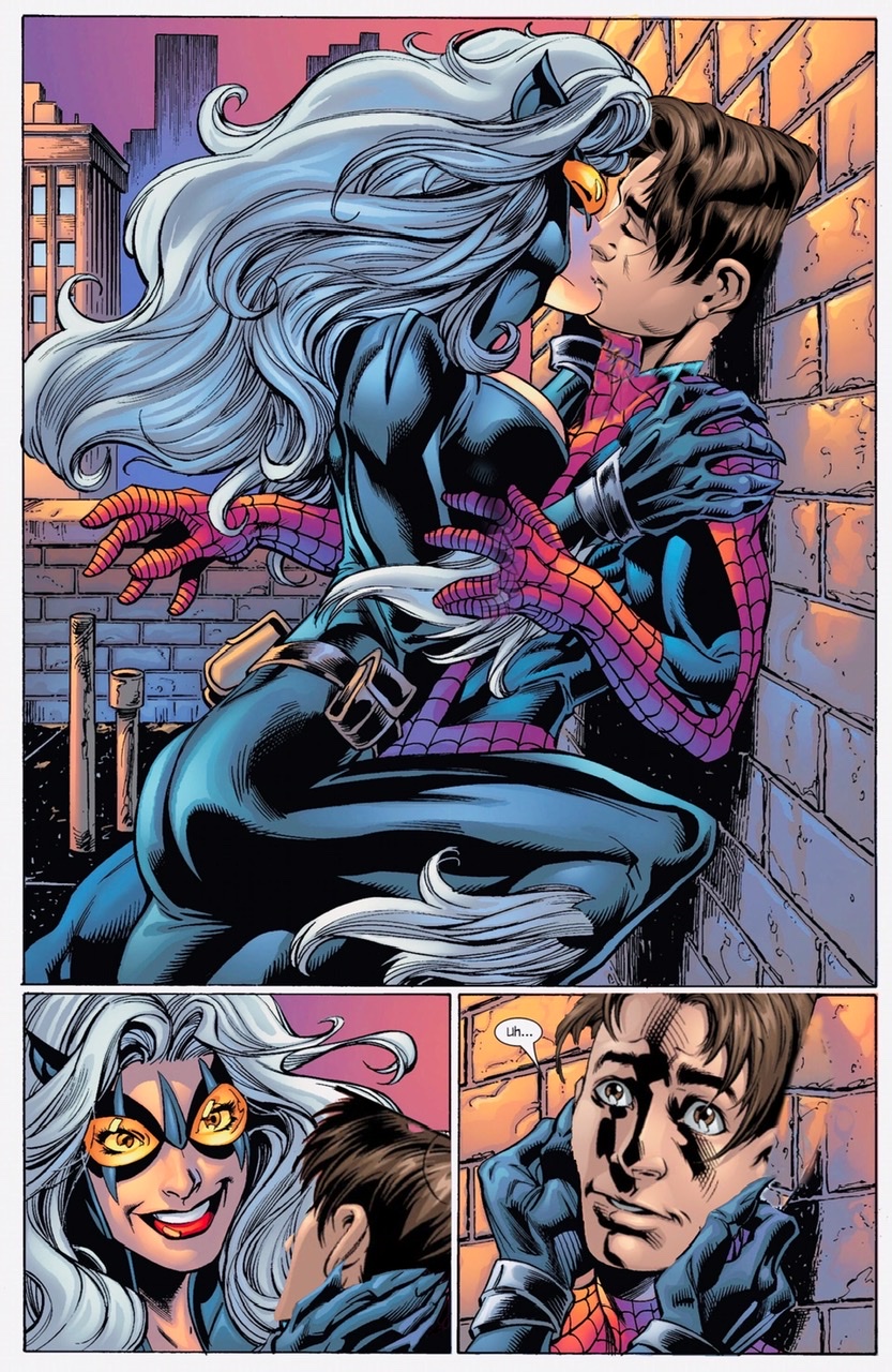 1boy 1boy1girl 1girls black_cat_(marvel) blush edited felicia_hardy female kissing lust male marvel marvel_comics mask_removed milf peter_parker pinned spider-man spider-man_(series) straight_hair submissive_male teenager ultimate_black_cat ultimate_spider-man ultimate_spider-man_(comic) unmasked