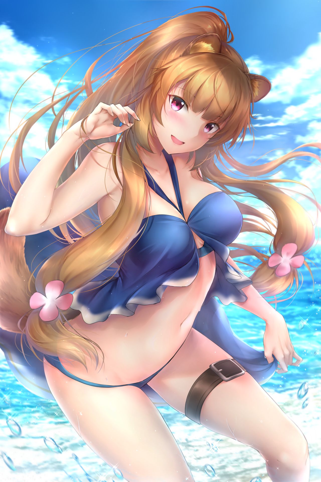 1girls, big breasts, breasts, brown hair, cute, female, hair over breasts, in bed, long hair, panties, pink eyes, raccoon ears, raccoon girl, raccoon tail, raphtalia, rei kun, smile, solo, tate no yuusha no nariagari