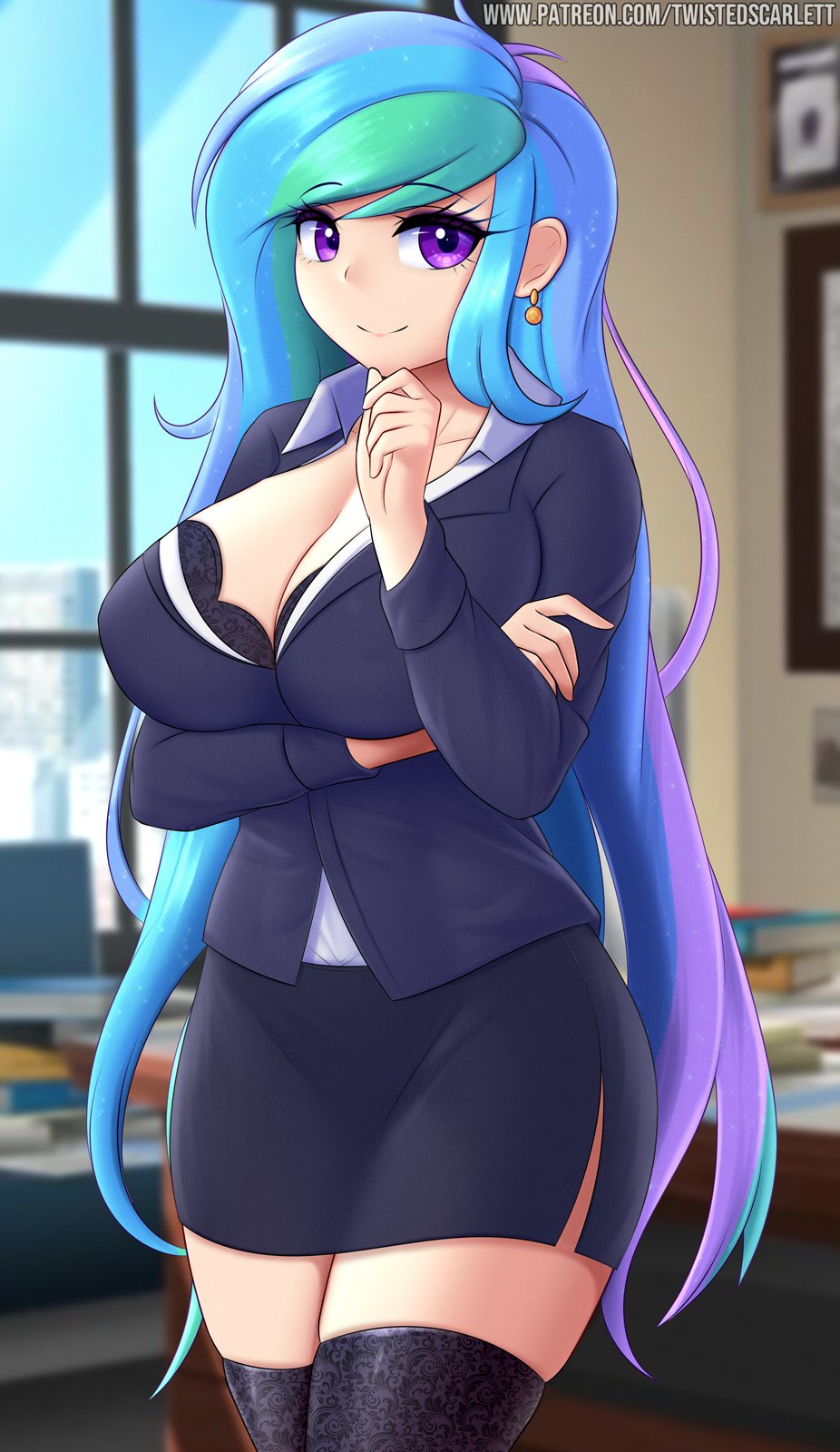 1girls, alternate version available, big breasts, blue hair, breasts, classroom, cleavage, earrings, equestria girls, female, friendship is magic, green hair, hasbro, indoors, long hair, looking at viewer, multicolored hair, my little pony, patreon, princess celestia (mlp), principal celestia, purple eyes, purple hair, smile, smooth skin, solo, stockings, teacher, twistedscarlett60, uniform