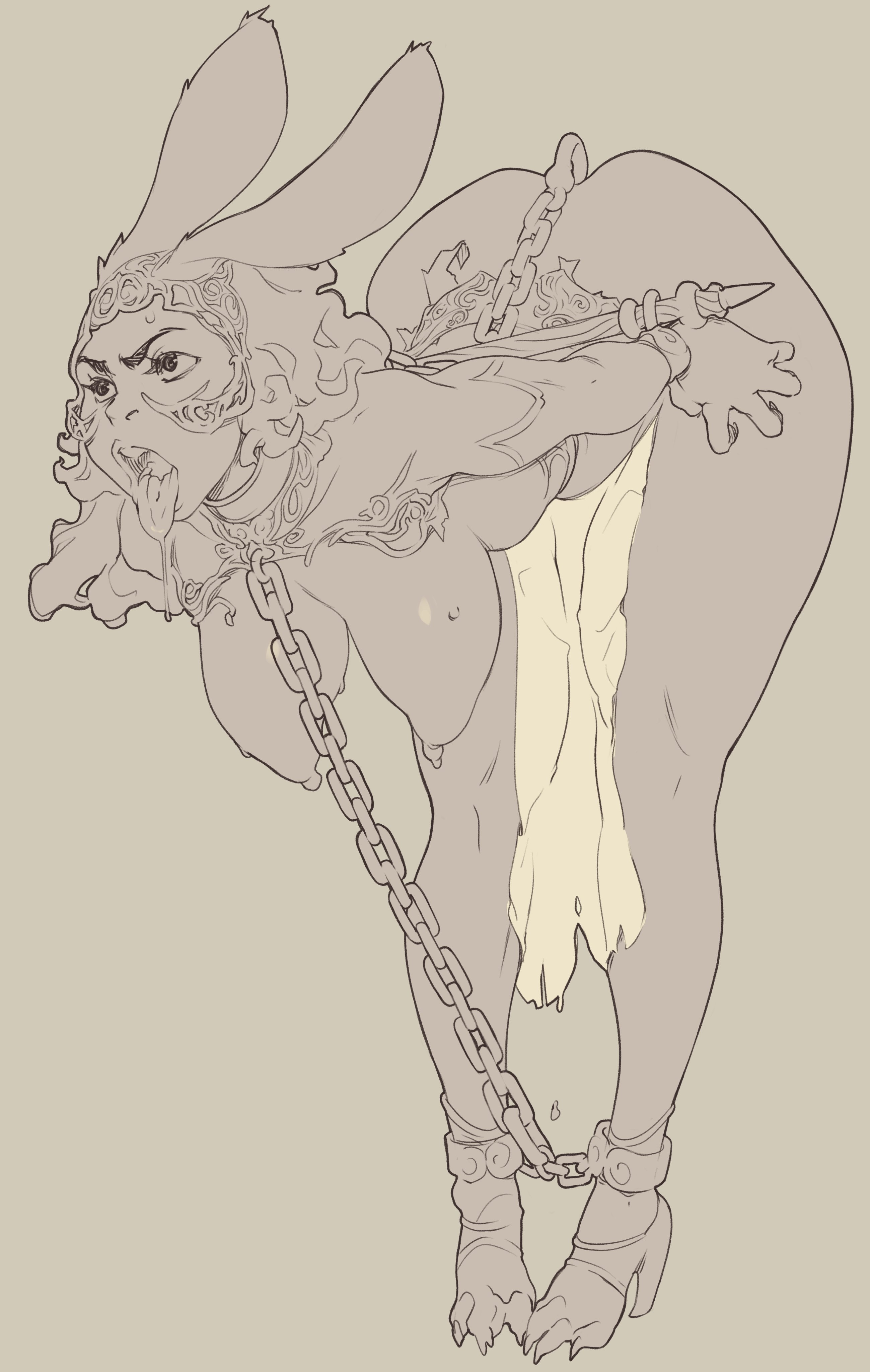 1girls, 2d, 3 toes, arms behind back, ass, bent over, bondage, bound, bound wrists, breasts, bunny ears, female, female only, final fantasy, final fantasy xii, fran (ffxii), hanging breasts, helmet, high heels, large breasts, monochrome, nipples, norasuko, sketch, slave, solo, solo female, spreader bar, square enix, viera