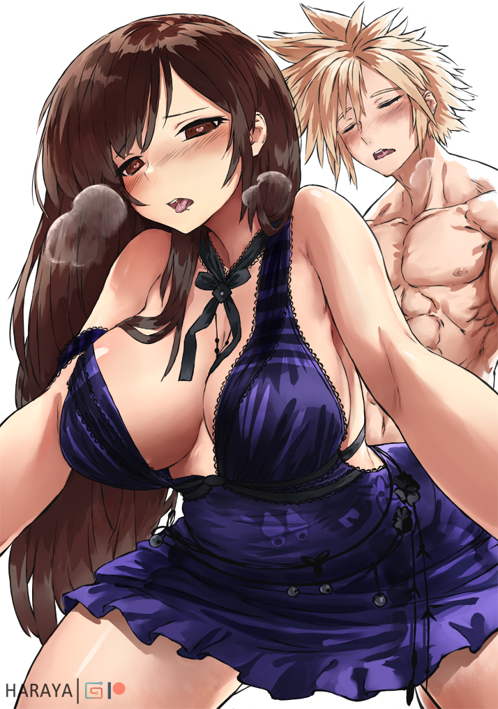 1boy abs ahe_gao bent_over big_breasts blonde_hair blush bow bowtie breasts breath cleavage clothed_female_nude_male cloud_strife doggy_style dress female final_fantasy final_fantasy_vii final_fantasy_vii_remake haraya heart heart-shaped_pupils heavy_breathing implied_sex light_blush long_hair muscular muscular_male nude official_alternate_costume pectorals purple_dress short_dress simple_background spiked_hair straight strap_slip symbol-shaped_pupils tifa_lockhart tifa_lockhart's_refined_dress tongue tongue_out