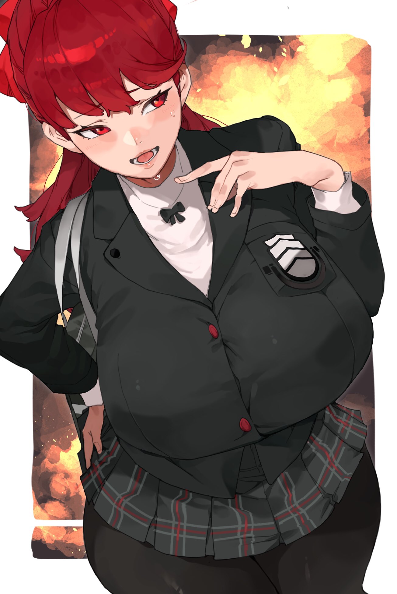 atlus breasts fully_clothed gigantic_breasts huge_breasts kasumi_yoshizawa makingtawawa massive_breasts persona persona_5 persona_5_royal red_hair school_uniform sega student sumire_yoshizawa sweat uniform venus_body