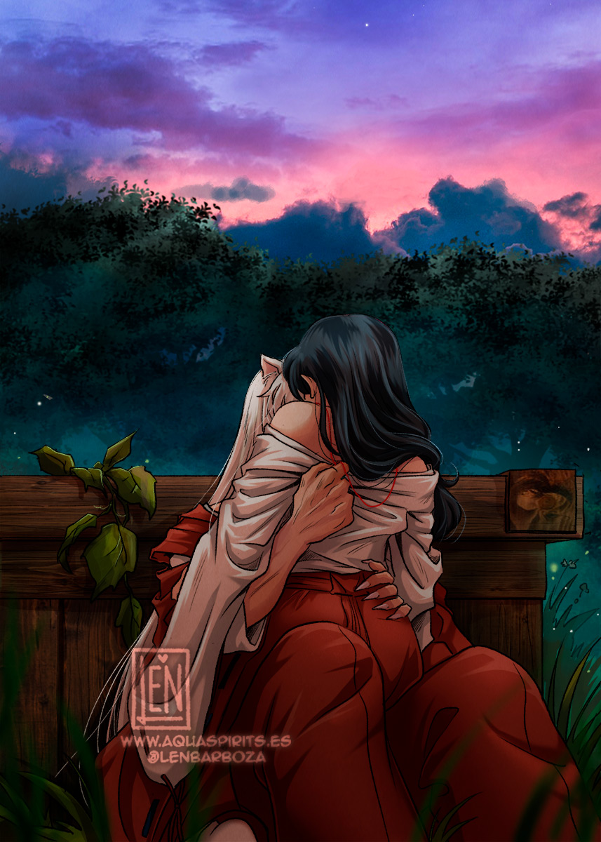 1boy 1boy1girl 1girls animal_ears aquarina canon_couple dark_hair dog_boy dog_ears firefly forest_background grass hakama hand_on_hip hands_behind_back husband_and_wife imminent_sex inuyasha inuyasha_(character) kagome_higurashi kimono leaves miko on_lap priestess red_string shoulders shrine_maiden silver_hair sitting_on_lap undressing watermark well wood yashahime:_princess_half-demon