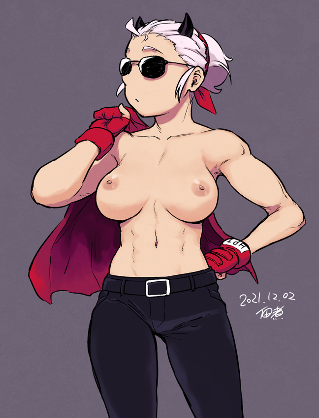 1girls, breasts, demon, demon girl, demon horns, female, fingerless gloves, gloves, helltaker, horns, justice (helltaker), looking away, muscular, muscular female, navel, nipples, pants, short hair, standing, sunglasses, tagme, tinted eyewear, topless, tsukudani (coke-buta), white hair