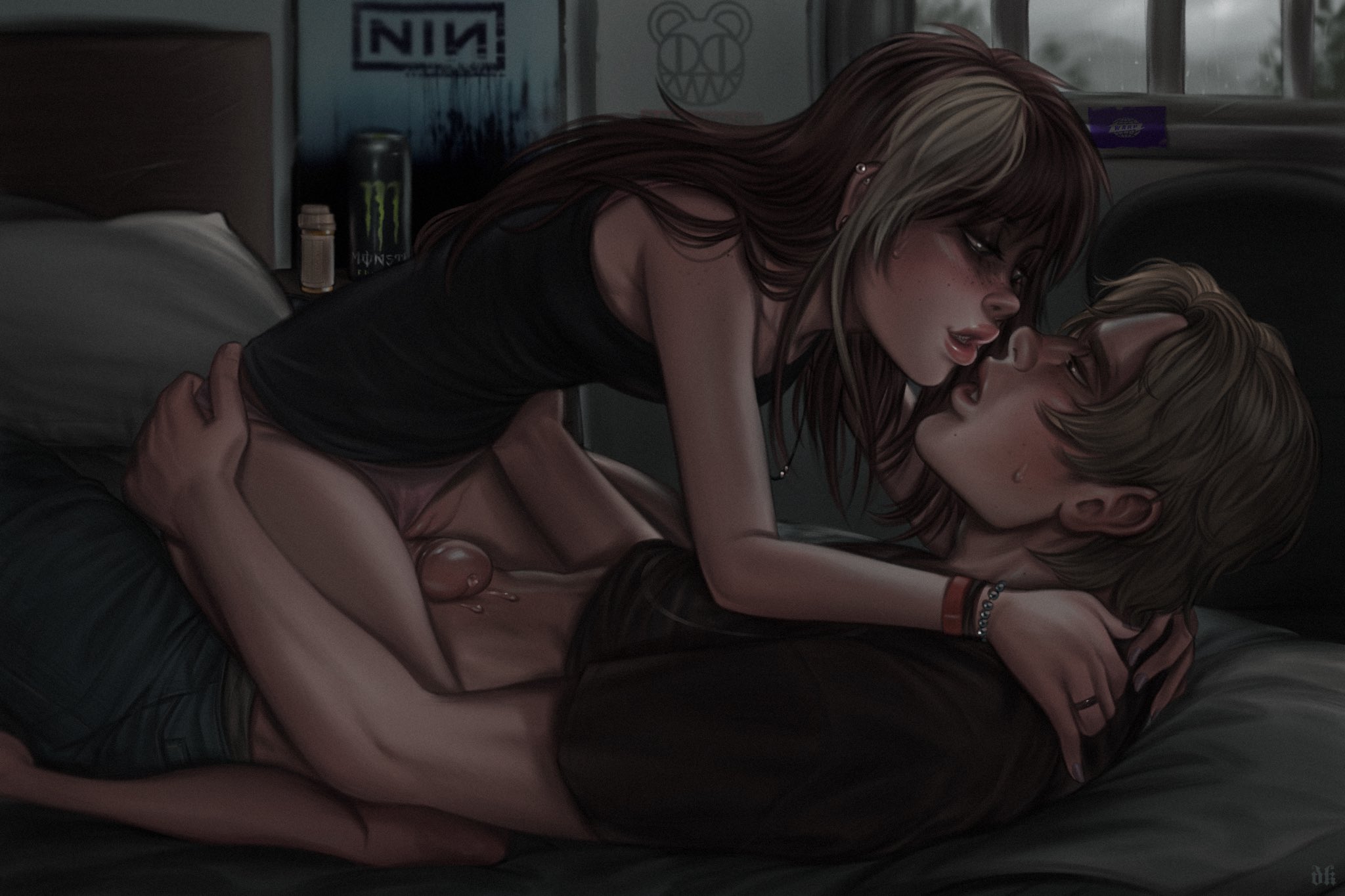 1girls, brown hair, brunhilda (desikeera), cowgirl position, desikeera, female, fringe, imminent sex, imminent vaginal, liam (desikeera), petite, pussy, two-tone hair, yellow eyes