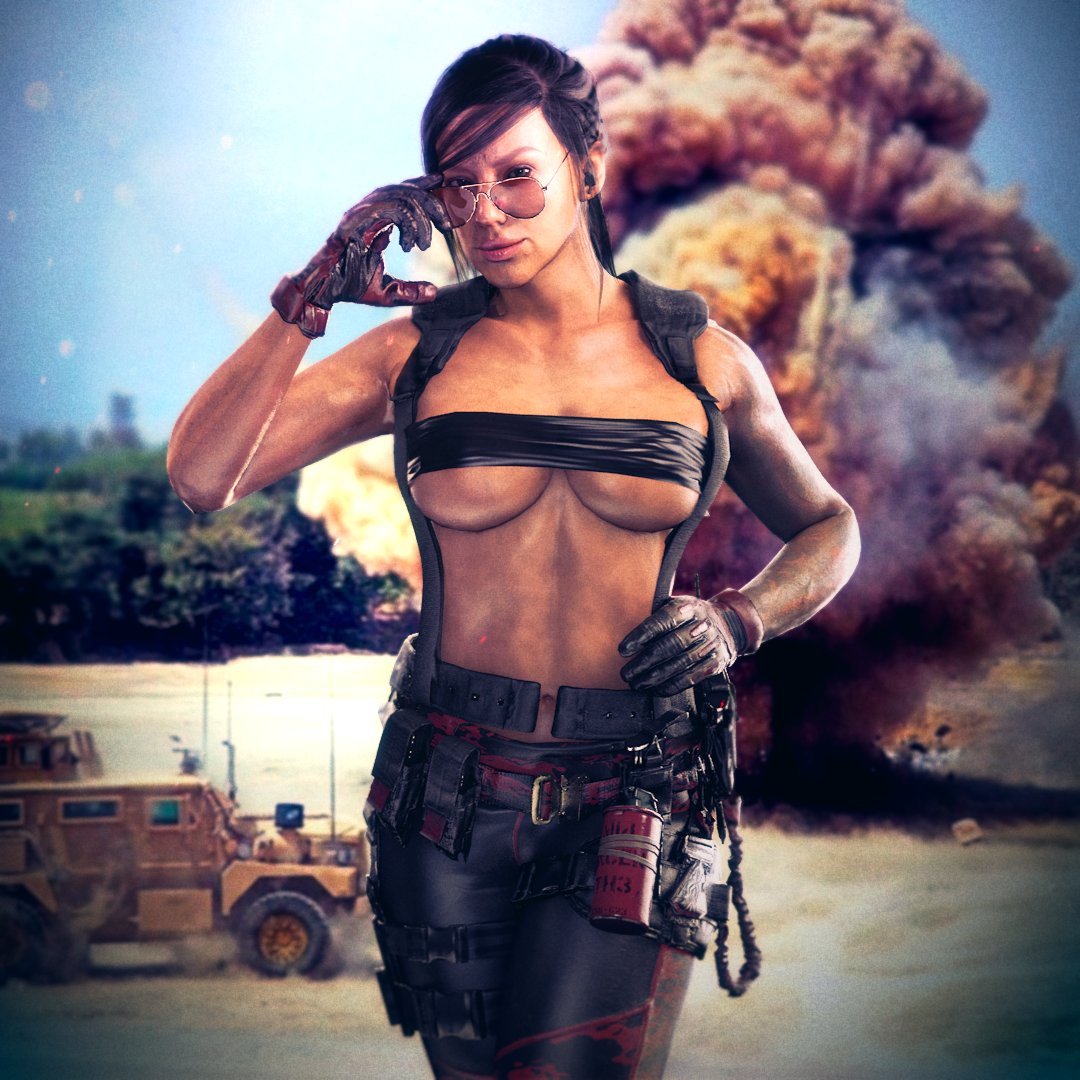 1girls adjusting_eyewear adjusting_glasses adjusting_sunglasses aviator_sunglasses black_hair braided_hair brown-tinted_eyewear call_of_duty explosion flickytuts gloves looking_over_eyewear looking_over_glasses looking_over_sunglasses mara_(cod) military modern_warfare solo_female sunglasses tape tattoo tinted_eyewear topless warzone