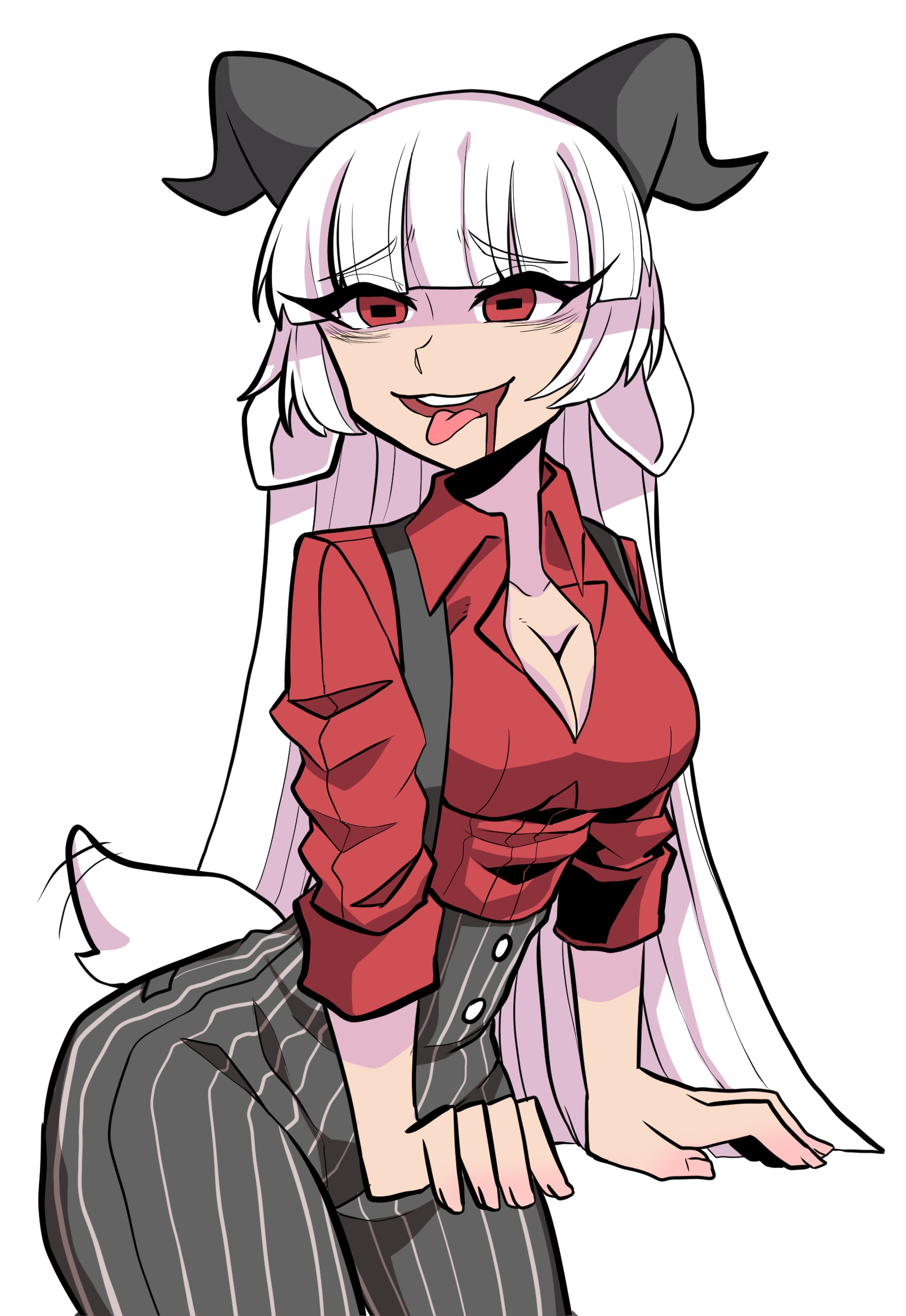 baphomet (grizz), blunt bangs, breasts, demon, demon girl, demon horns, fan character, female, goat girl, helltaker, large breasts, long hair, pinstripe pattern, red shirt, suspenders, white hair