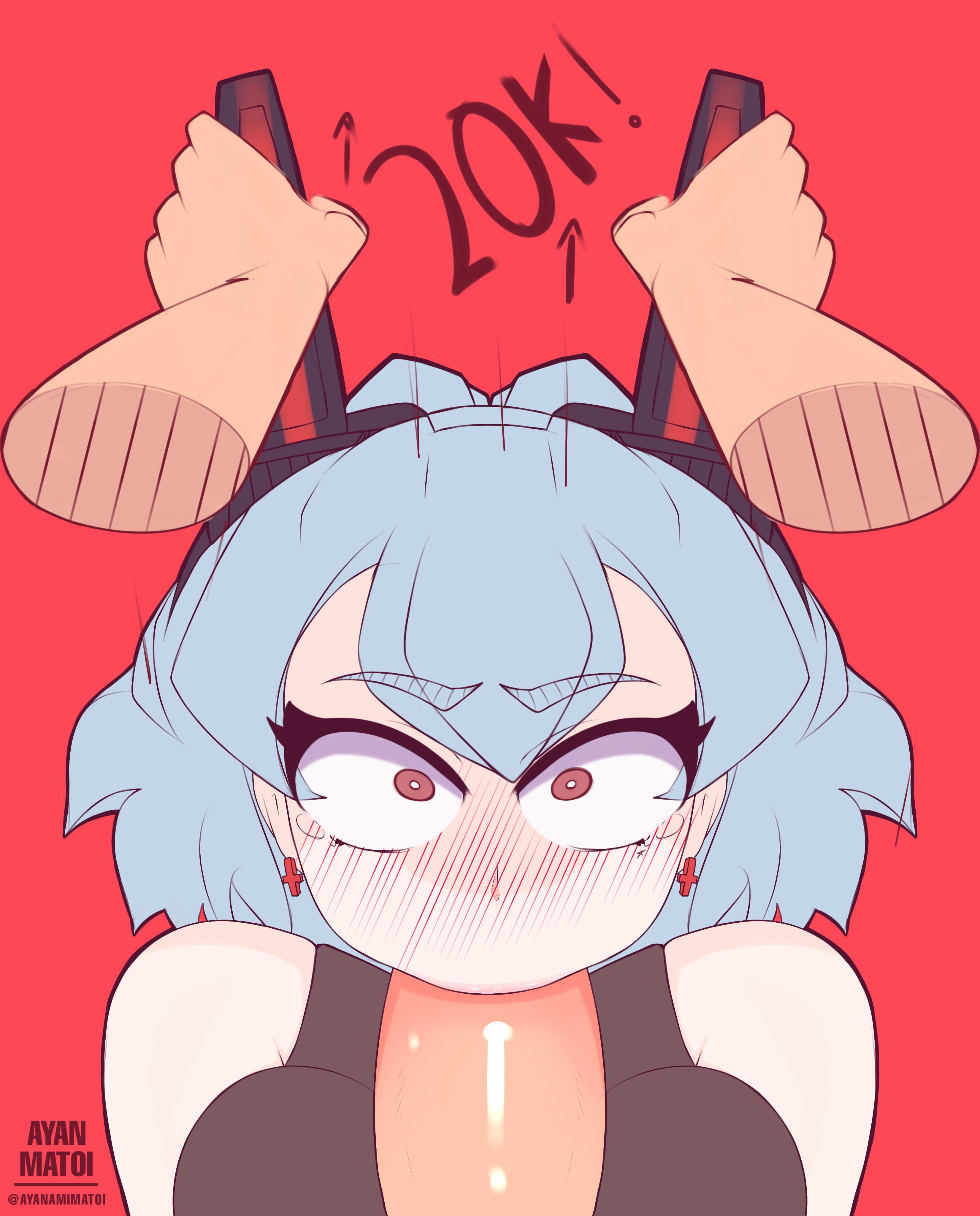 1boy, 1girls, ayanamimatoi, big breasts, big penis, blowjob, blue hair, blush, breasts, female, male, penis, surprised, tagme, white skin