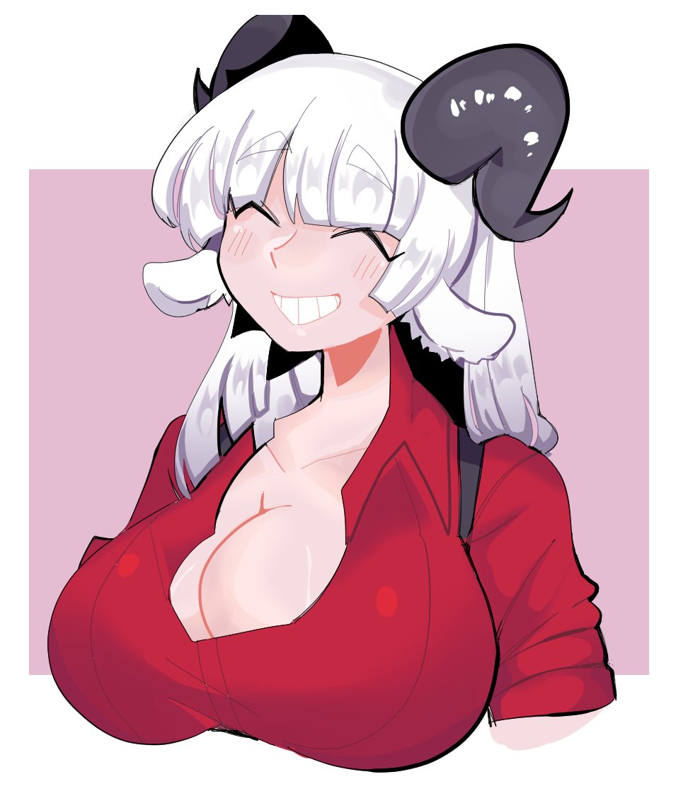 baphomet_(grizz) blunt_bangs closed_eyes demon_girl demon_horns fan_character goat_girl helltaker large_breasts long_hair red_shirt smile suspenders white_hair