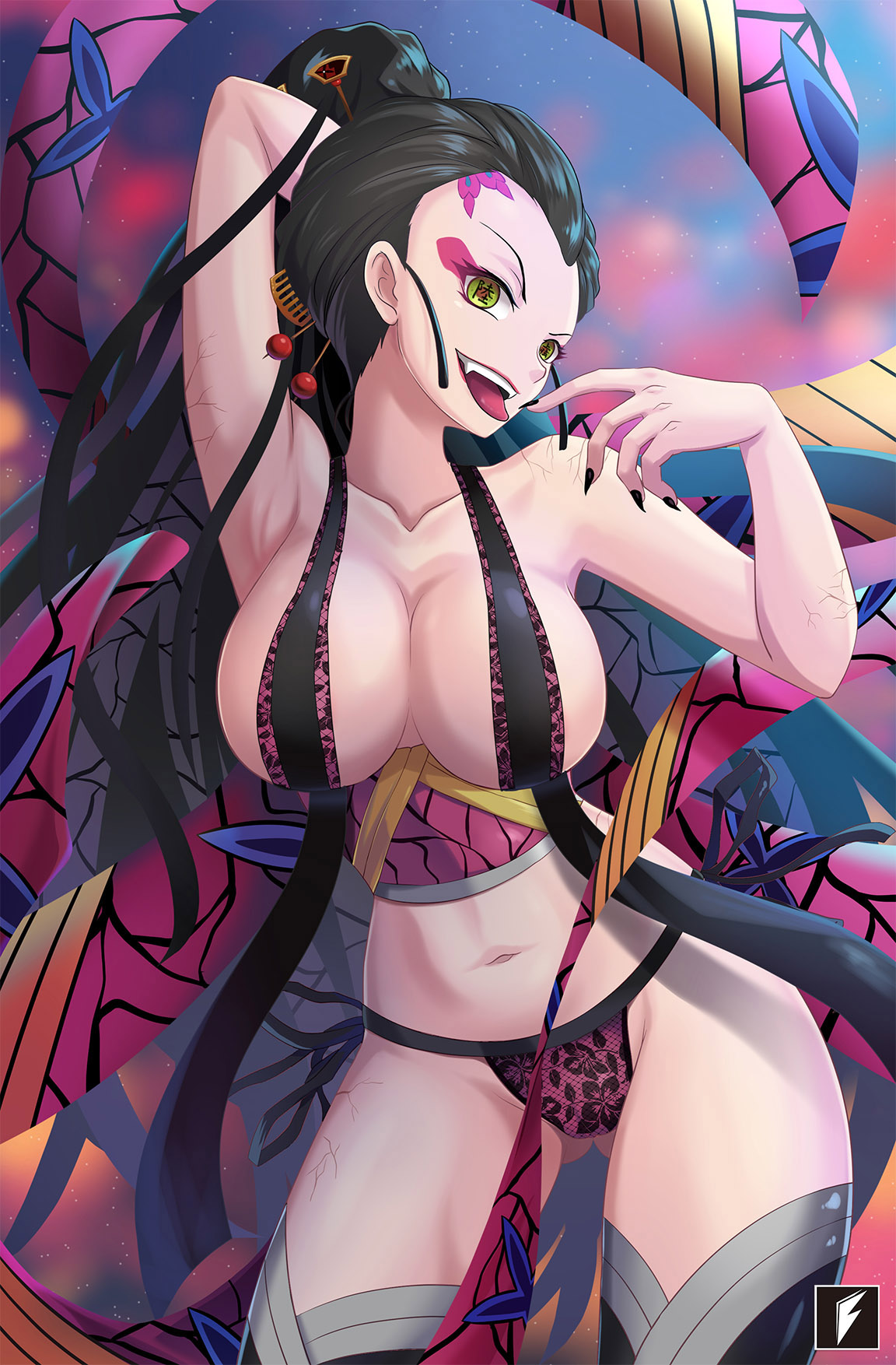 arm up, armpit, big breasts, black hair, black nails, breasts, cleavage, daki (kimetsu no yaiba), demon, demon girl, demon slayer, eyeshadow, facial markings, fangs, female, female only, green eyes, hair ornament, kimetsu no yaiba, lingerie, long hair, looking at viewer, nail polish, obi, open mouth, sharp fingernails, smile, solo, teng zhai zi, thighhighs, thin waist, tongue, tongue out, veins, very long hair