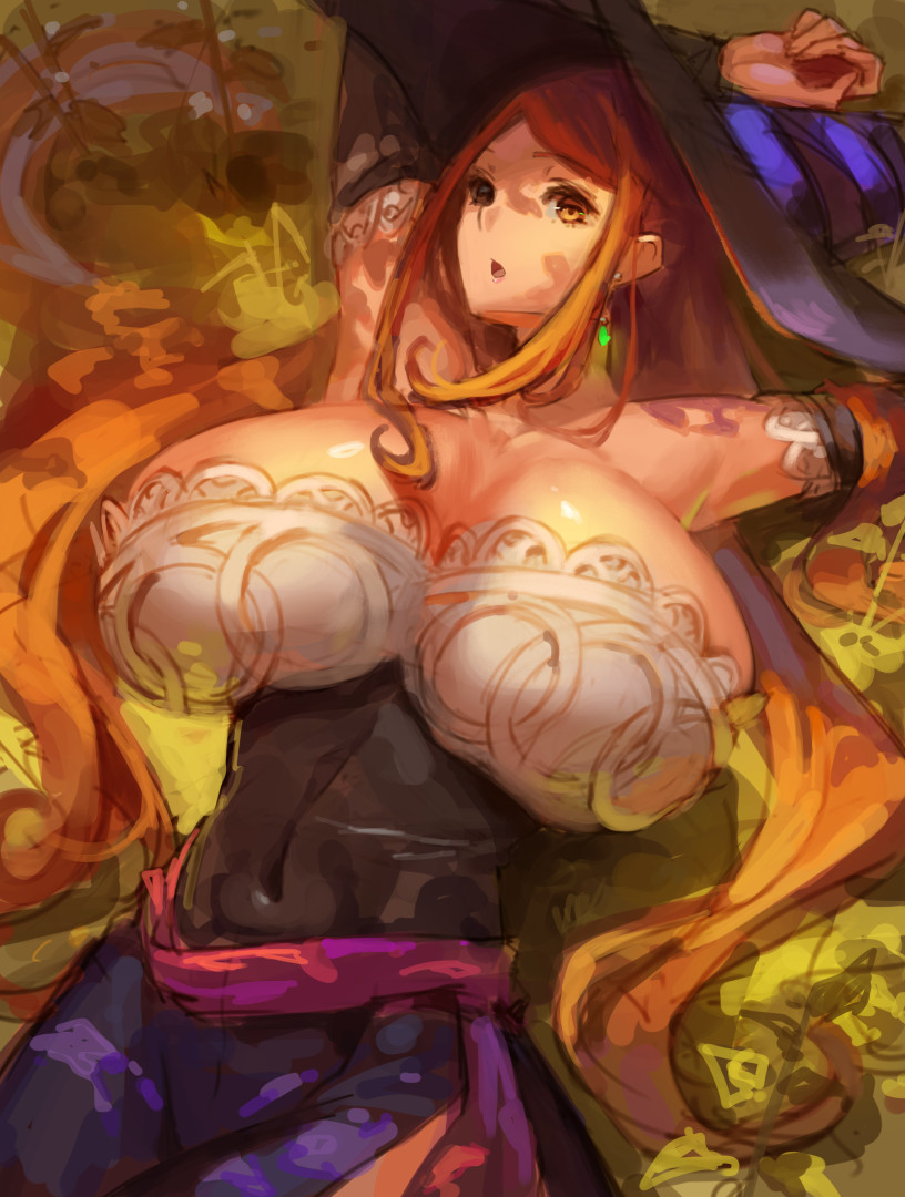 1girls, 2022, armpits, arms above head, arms up, breasts, clothed, clothed female, dragon's crown, dress, female, female only, hat, hips, huge breasts, kazo, large hat, long hair, orange hair, outdoors, slim waist, sorceress, sorceress (dragon's crown), thick thighs, wide hips, witch hat